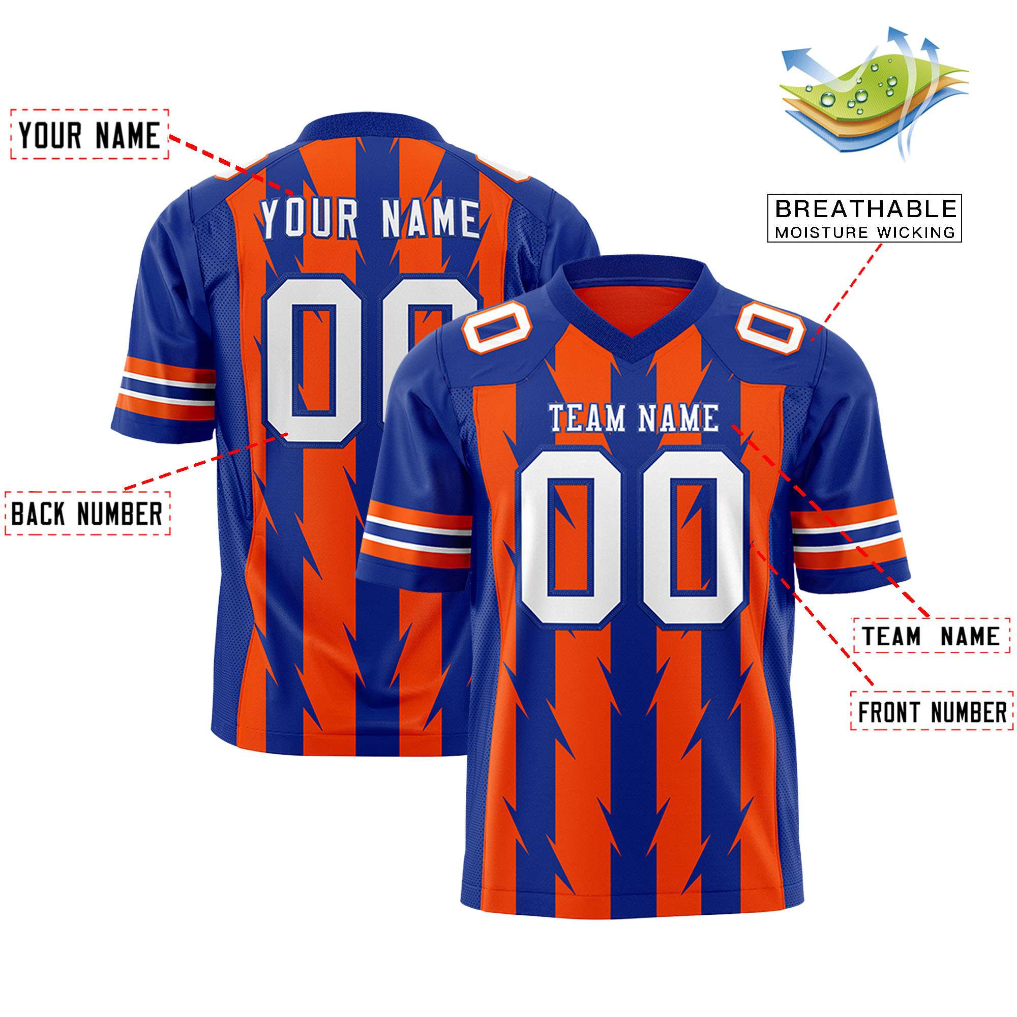Custom Orange Royal Personalized Razr Stripe Graffiti Pattern Flag Football Jersey