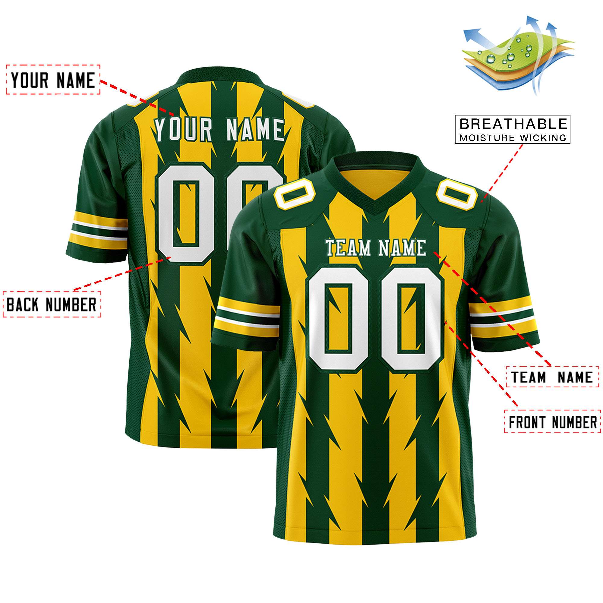 Custom Gold Green Personalized Razr Stripe Graffiti Pattern Flag Football Jersey