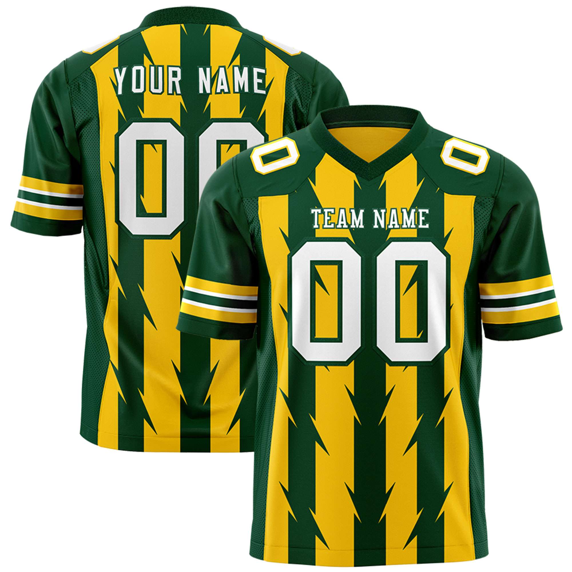Custom Gold Green Personalized Razr Stripe Graffiti Pattern Flag Football Jersey