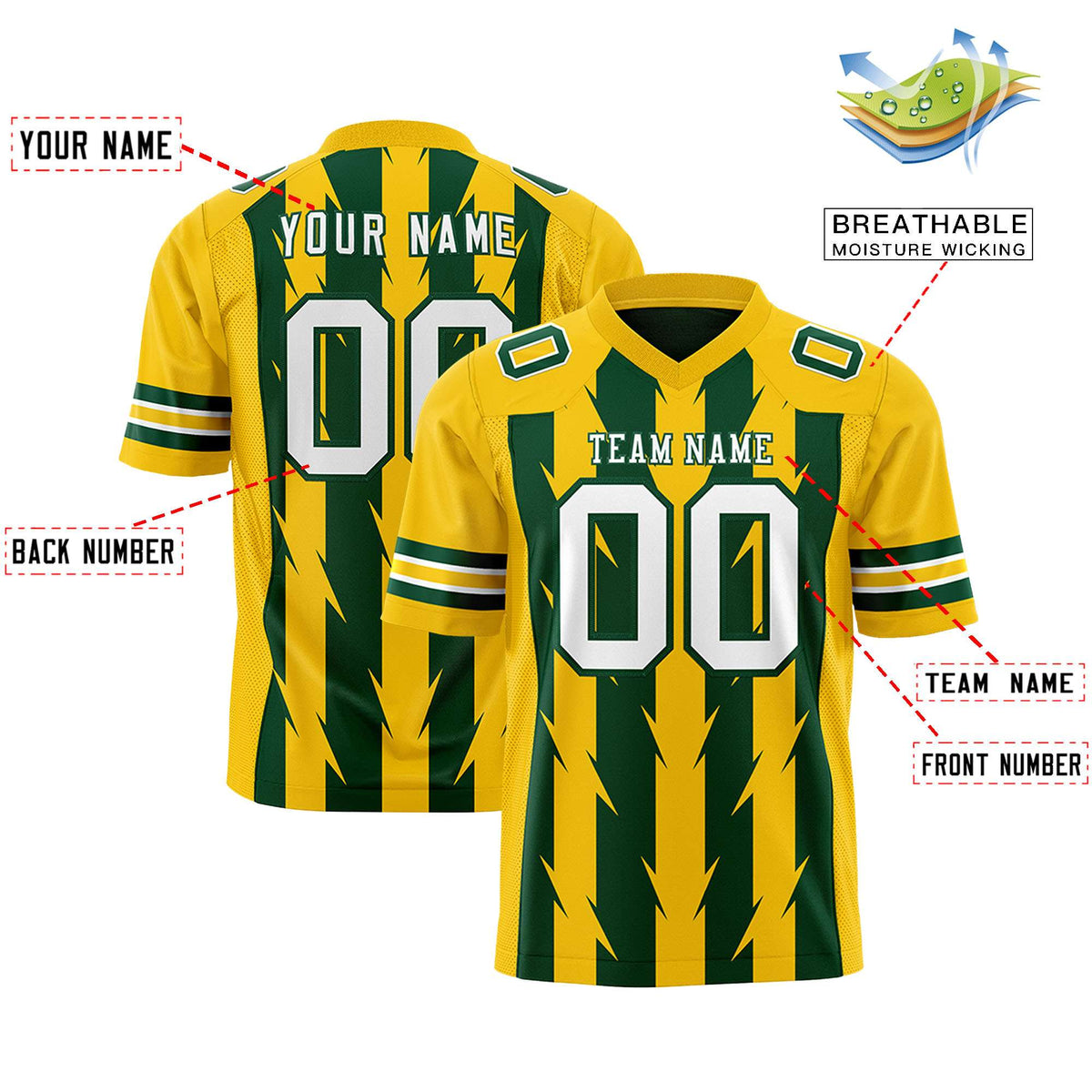 Custom Green Gold Personalized Razr Stripe Graffiti Pattern Flag Football Jersey