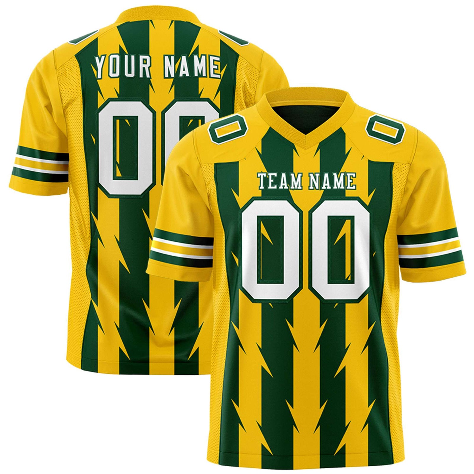 Custom Green Gold Personalized Razr Stripe Graffiti Pattern Flag Football Jersey