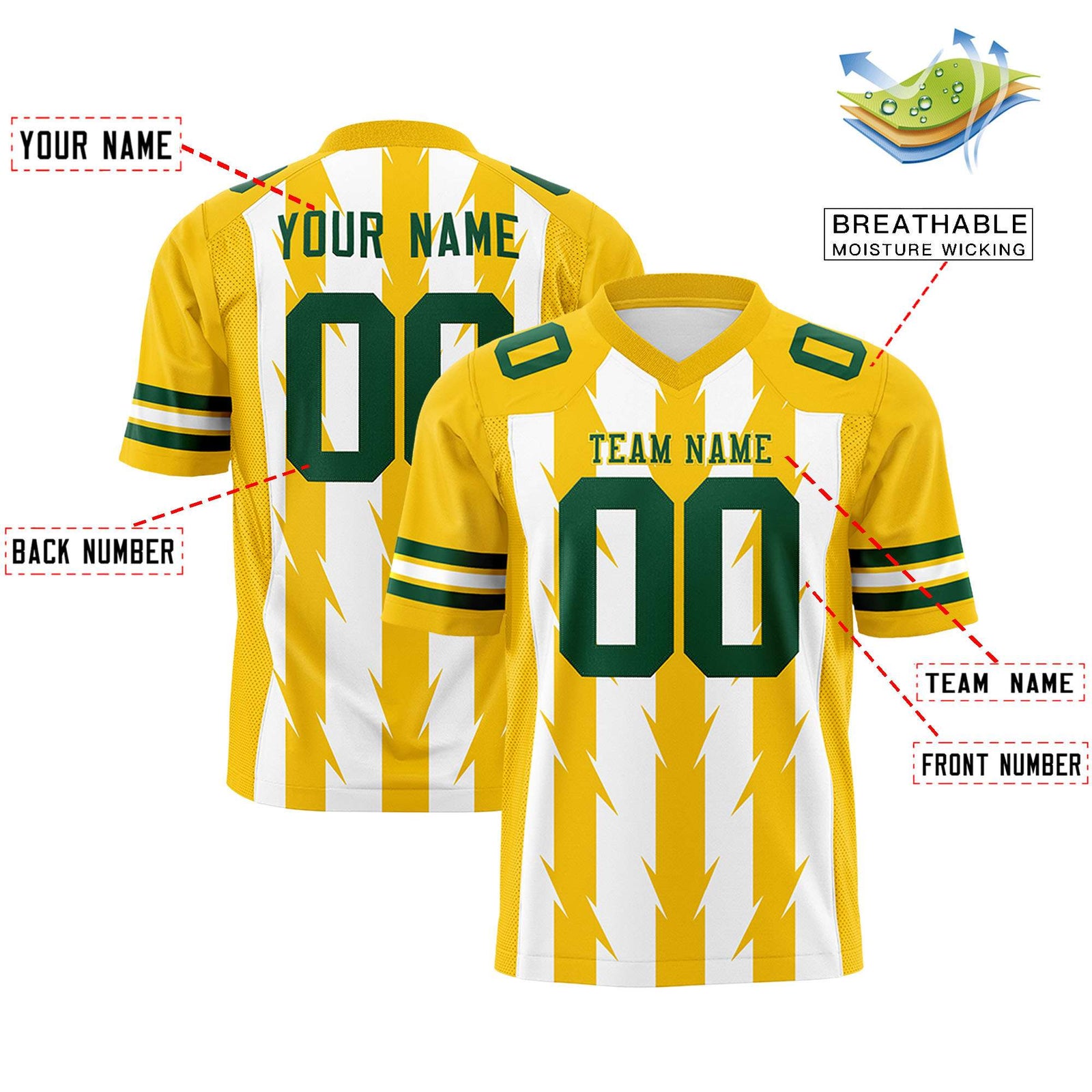 Custom White Gold Personalized Razr Stripe Graffiti Pattern Flag Football Jersey
