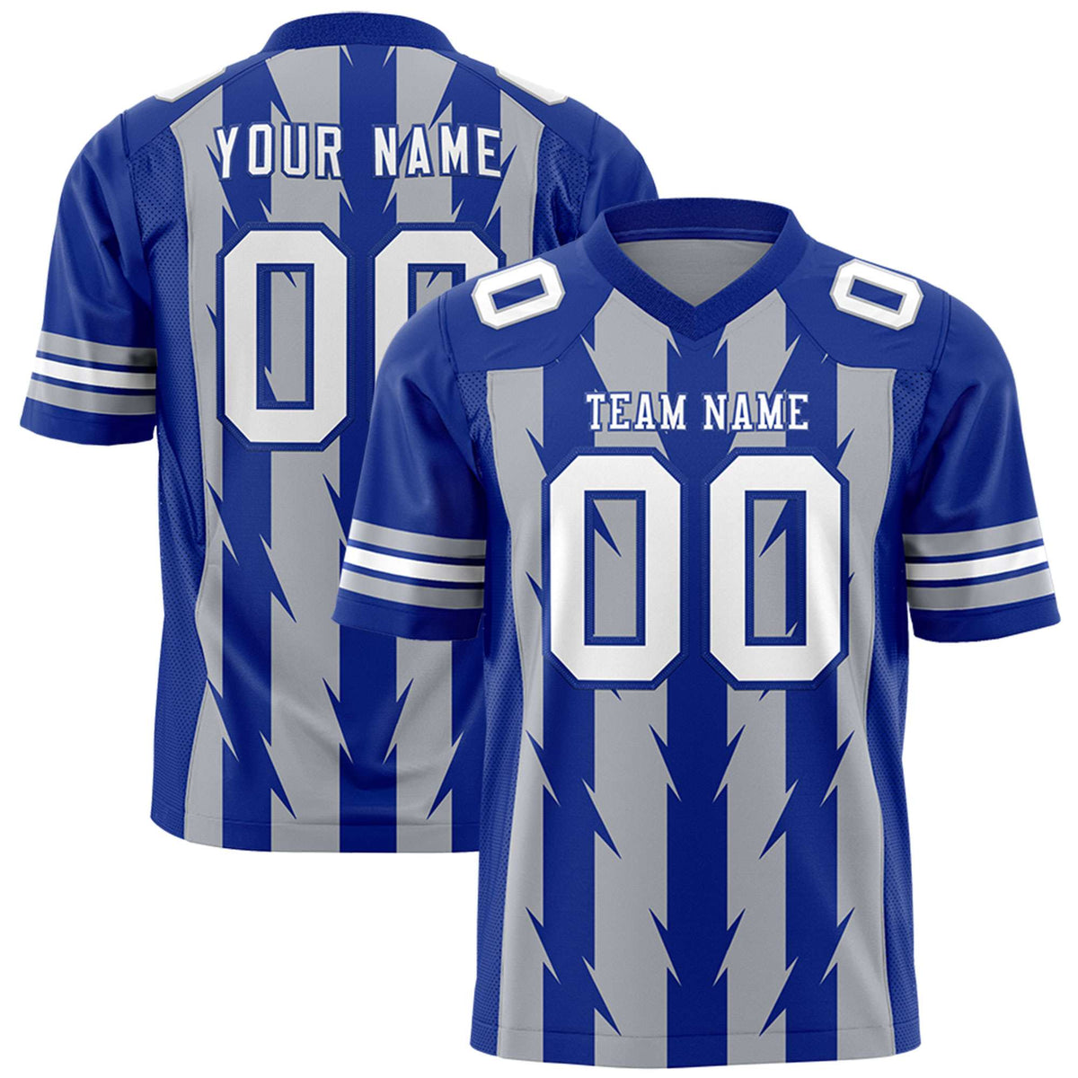 Custom Gray Royal Personalized Razr Stripe Graffiti Pattern Flag Football Jersey