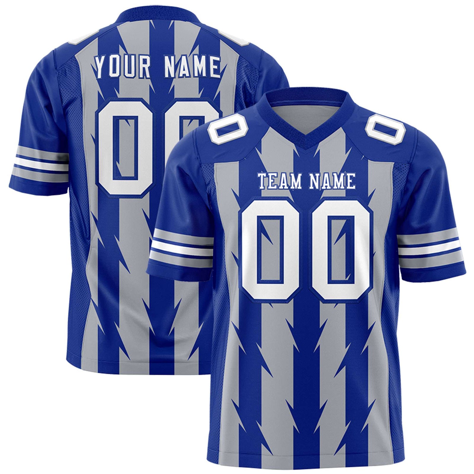 Custom Gray Royal Personalized Razr Stripe Graffiti Pattern Flag Football Jersey