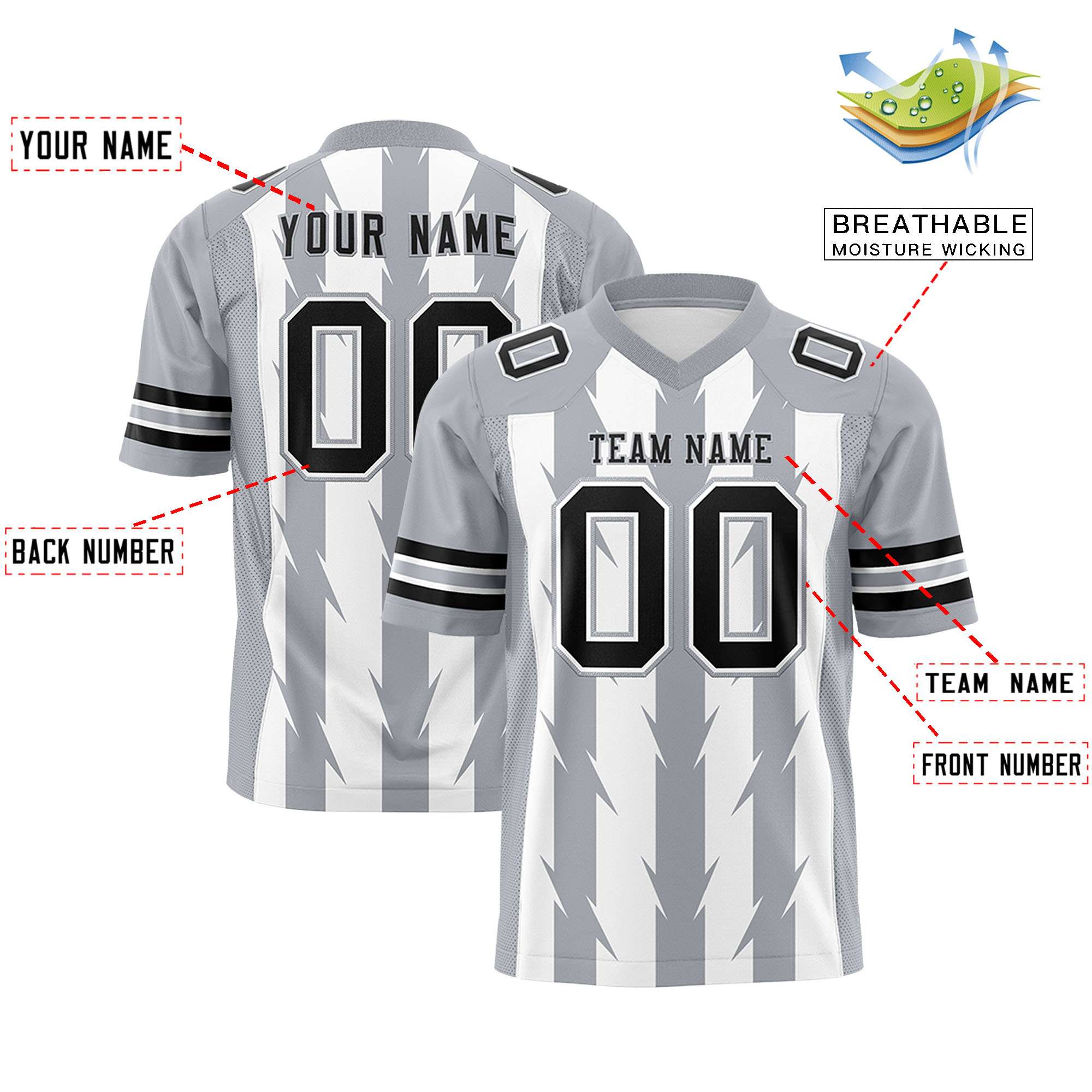 Custom White Gray Personalized Razr Stripe Graffiti Pattern Flag Football Jersey