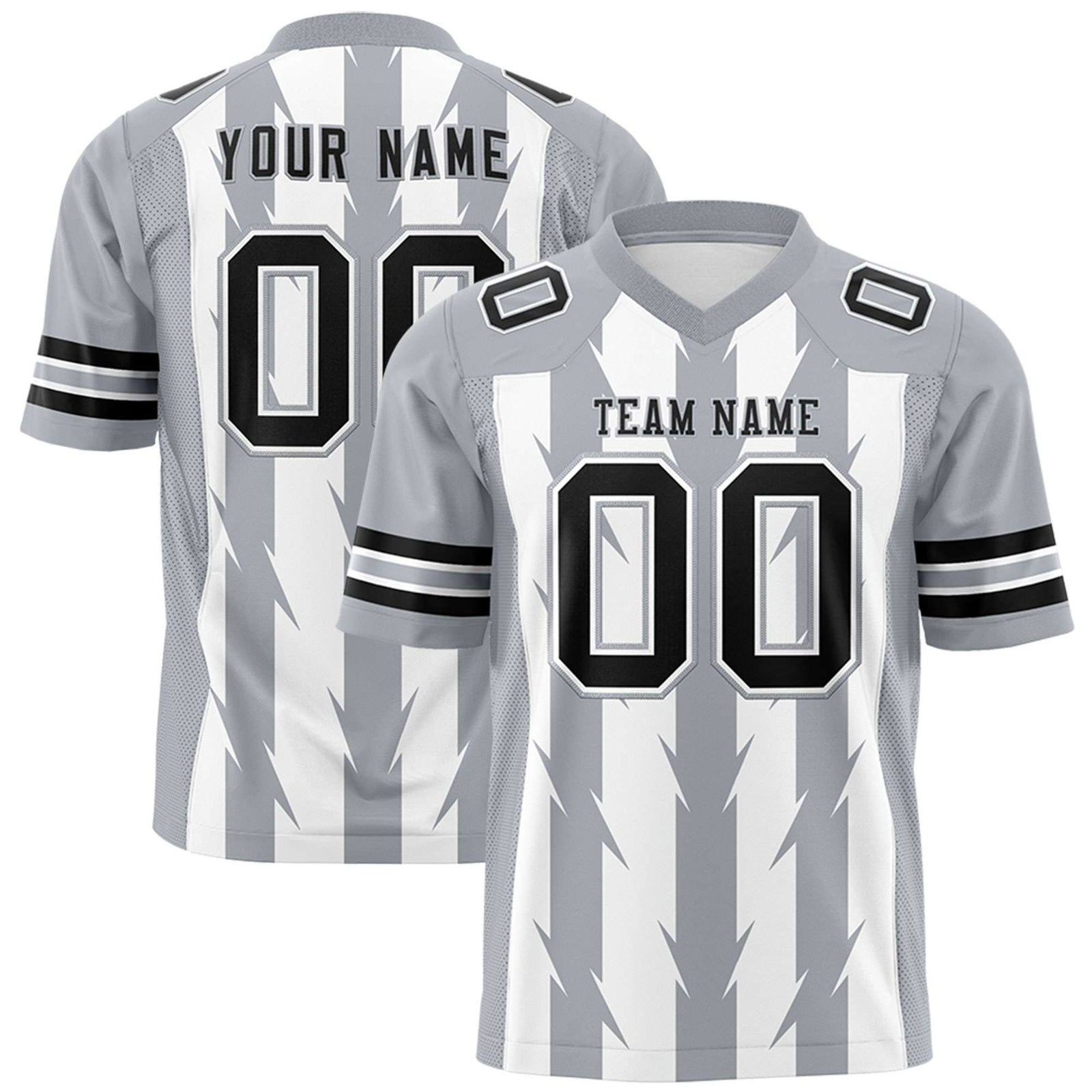 Custom White Gray Personalized Razr Stripe Graffiti Pattern Flag Football Jersey