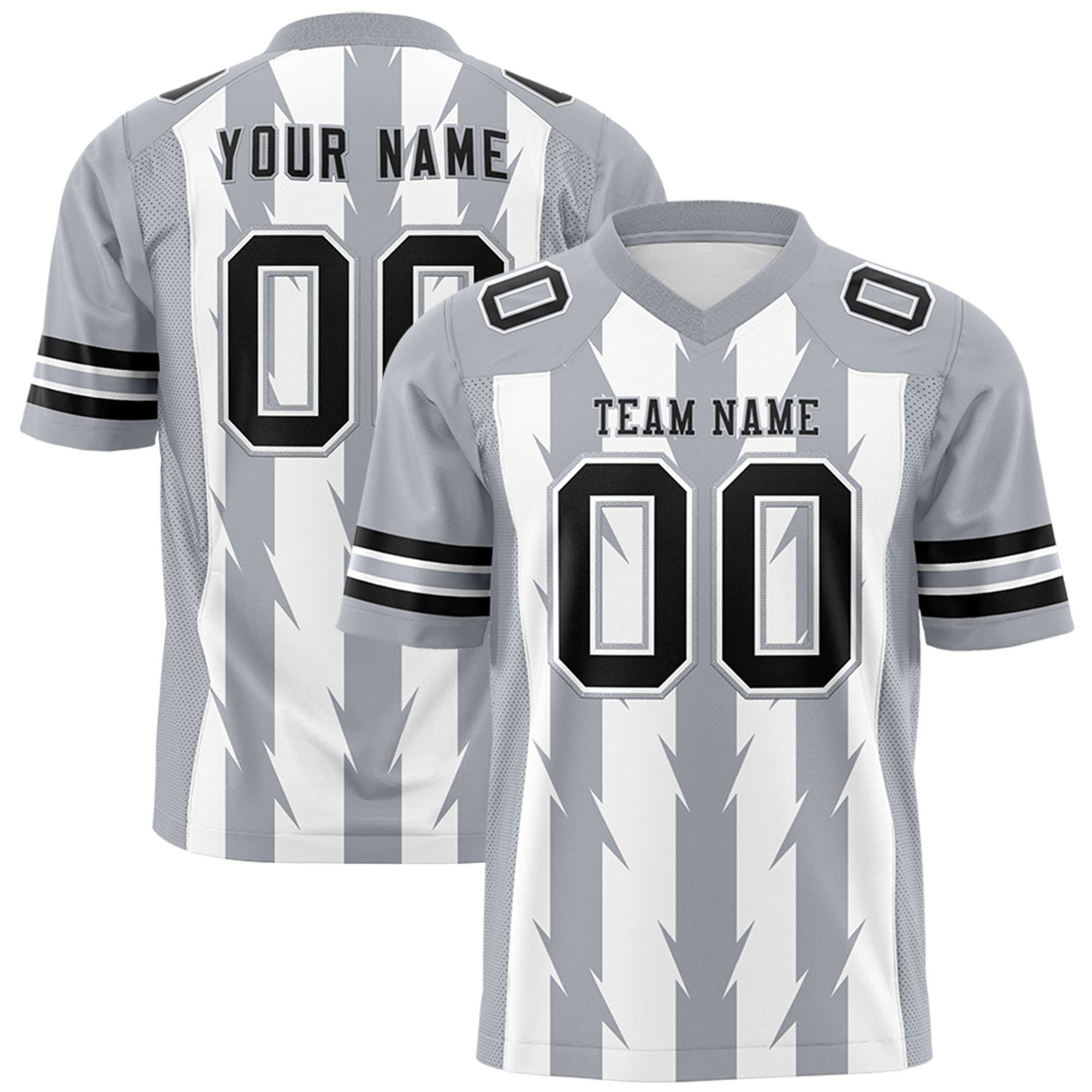 Custom White Gray Personalized Razr Stripe Graffiti Pattern Flag Football Jersey