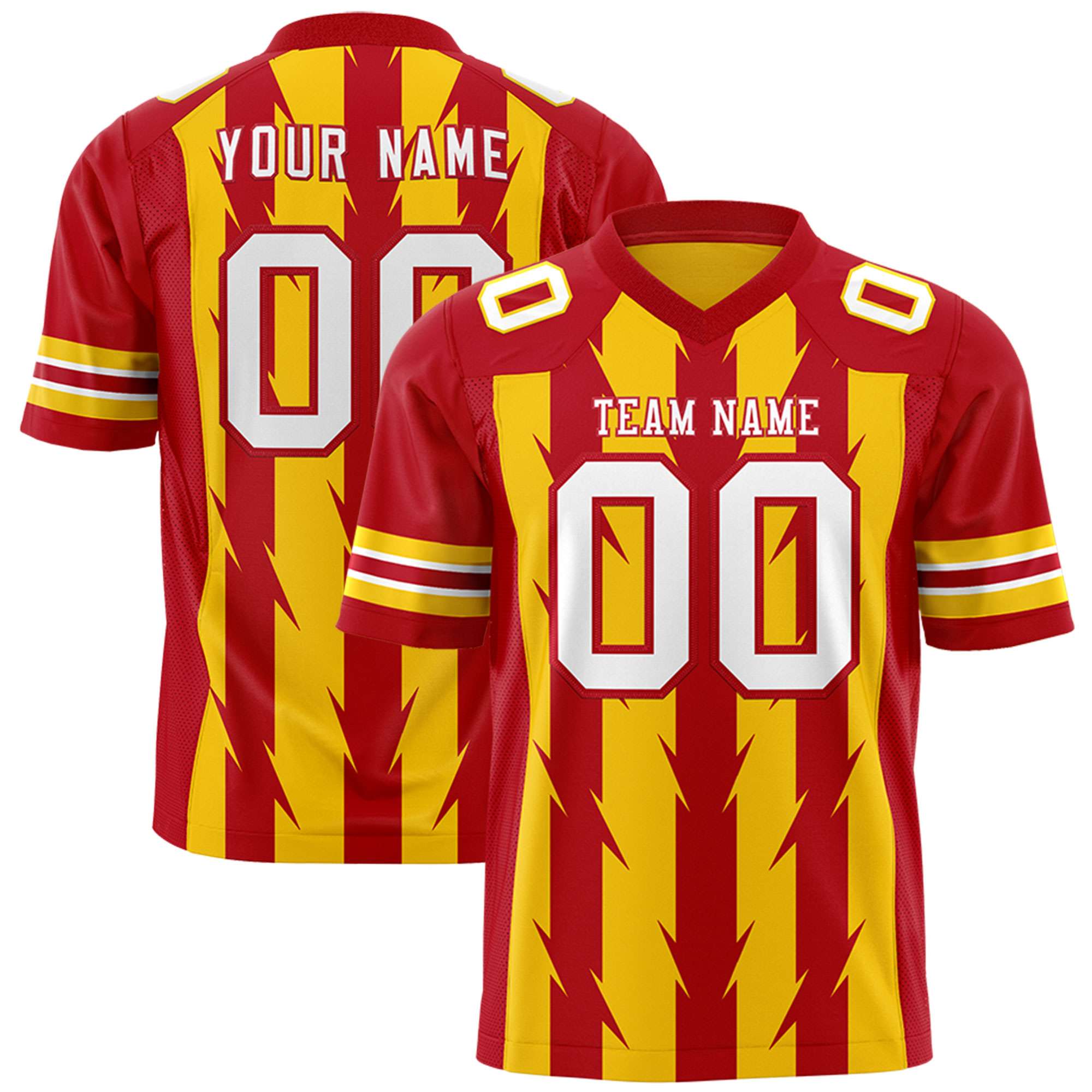 Custom Gold Red Personalized Razr Stripe Graffiti Pattern Flag Football Jersey