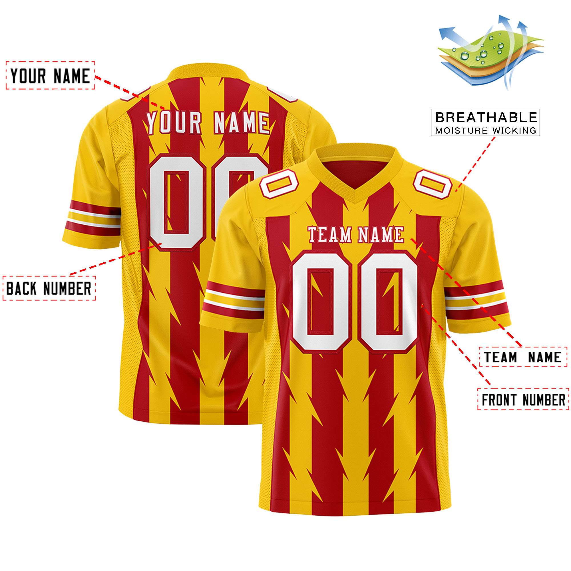 Custom Red Gold Personalized Razr Stripe Graffiti Pattern Flag Football Jersey