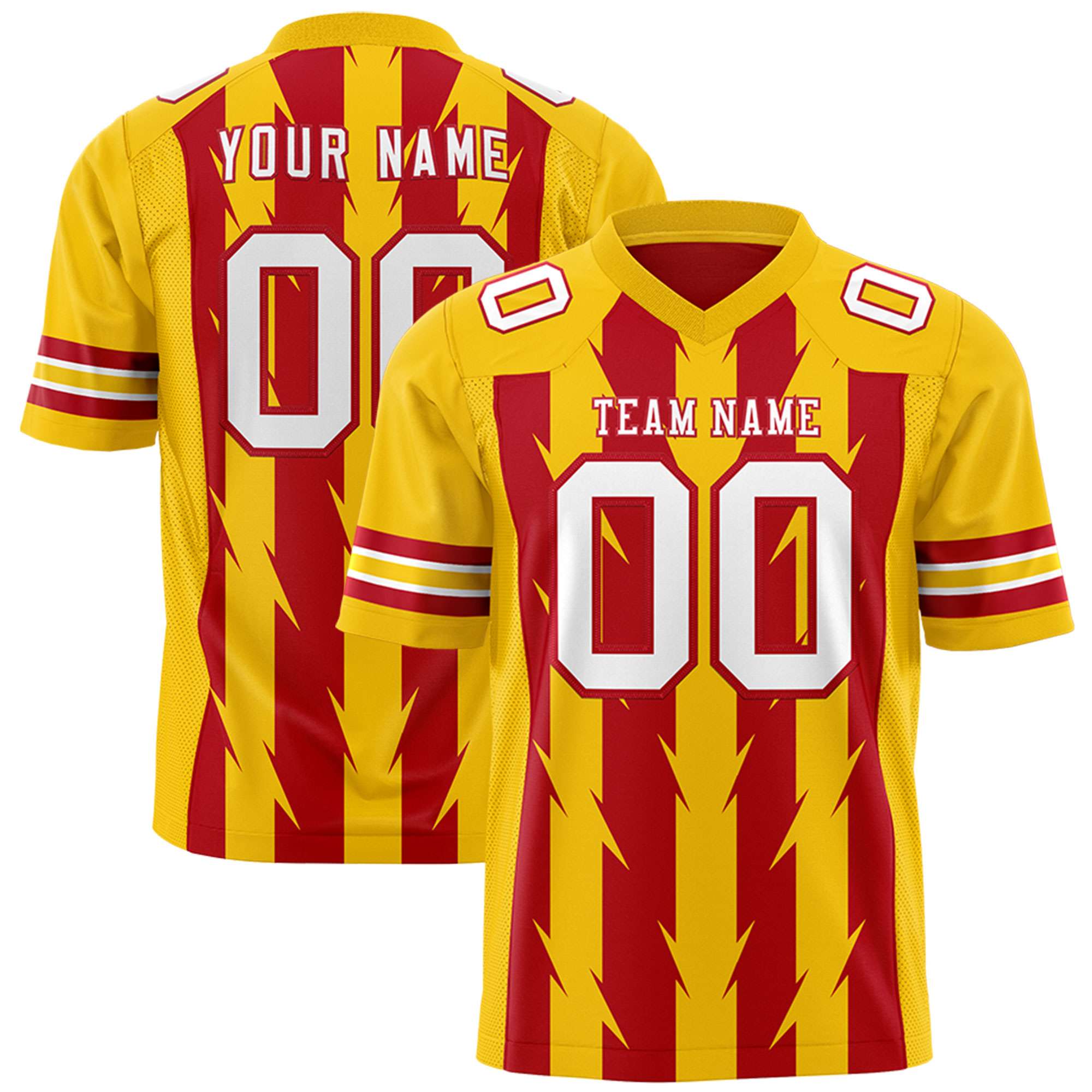 Custom Red Gold Personalized Razr Stripe Graffiti Pattern Flag Football Jersey