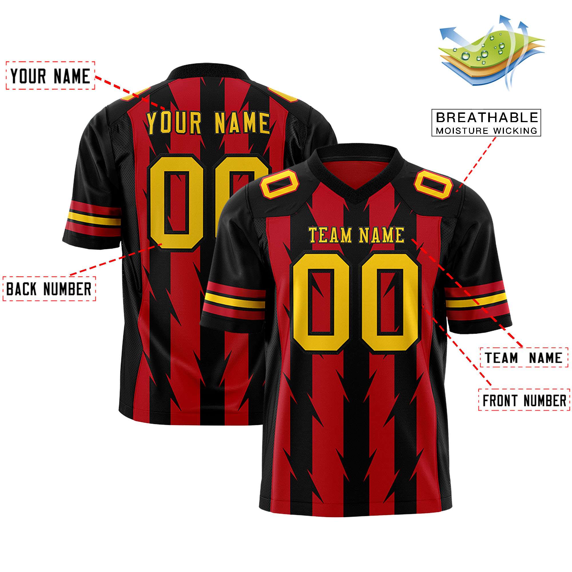 Custom Red Black Personalized Razr Stripe Graffiti Pattern Flag Football Jersey
