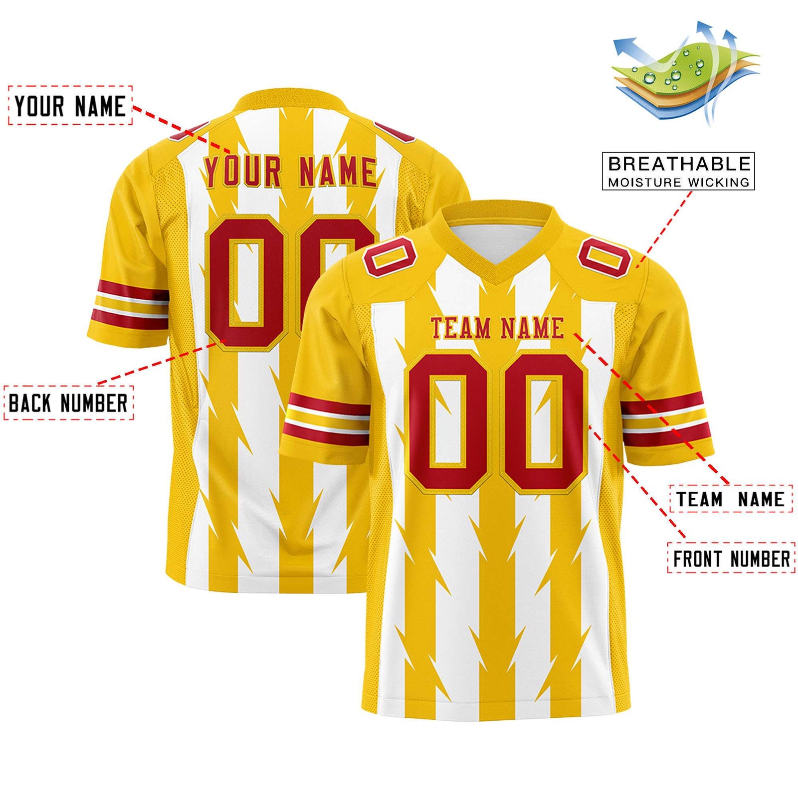 Custom White Gold Personalized Razr Stripe Graffiti Pattern Flag Football Jersey