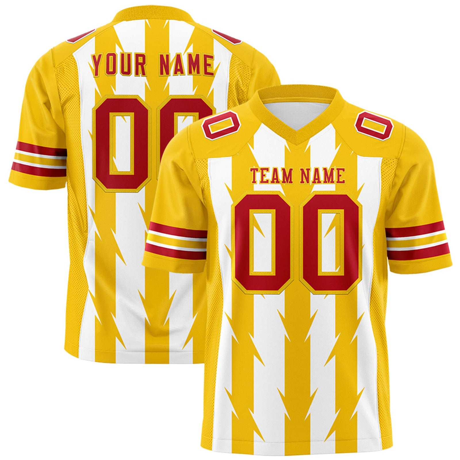 Custom White Gold Personalized Razr Stripe Graffiti Pattern Flag Football Jersey