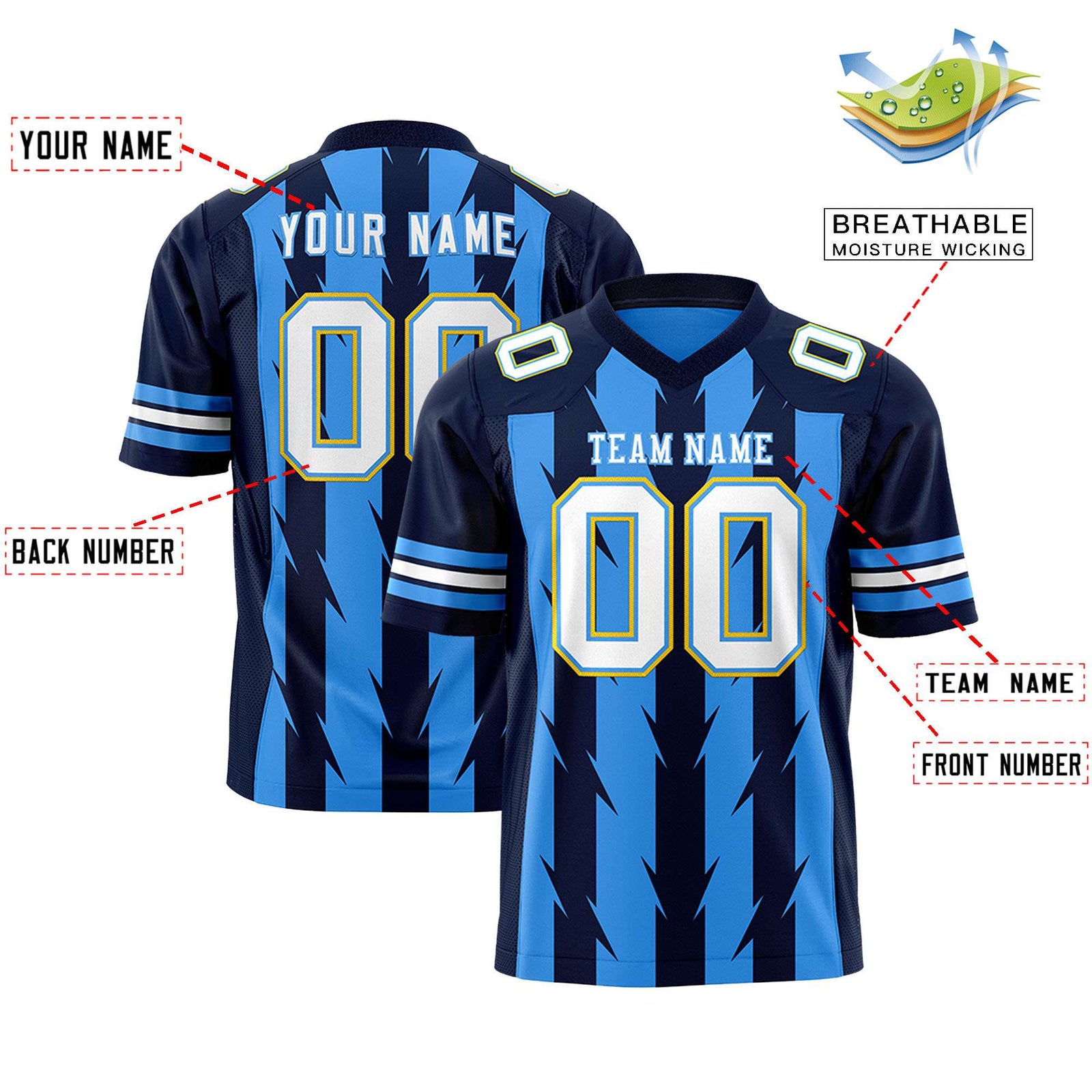 Custom Powder Blue Navy Personalized Razr Stripe Graffiti Pattern Flag Football Jersey