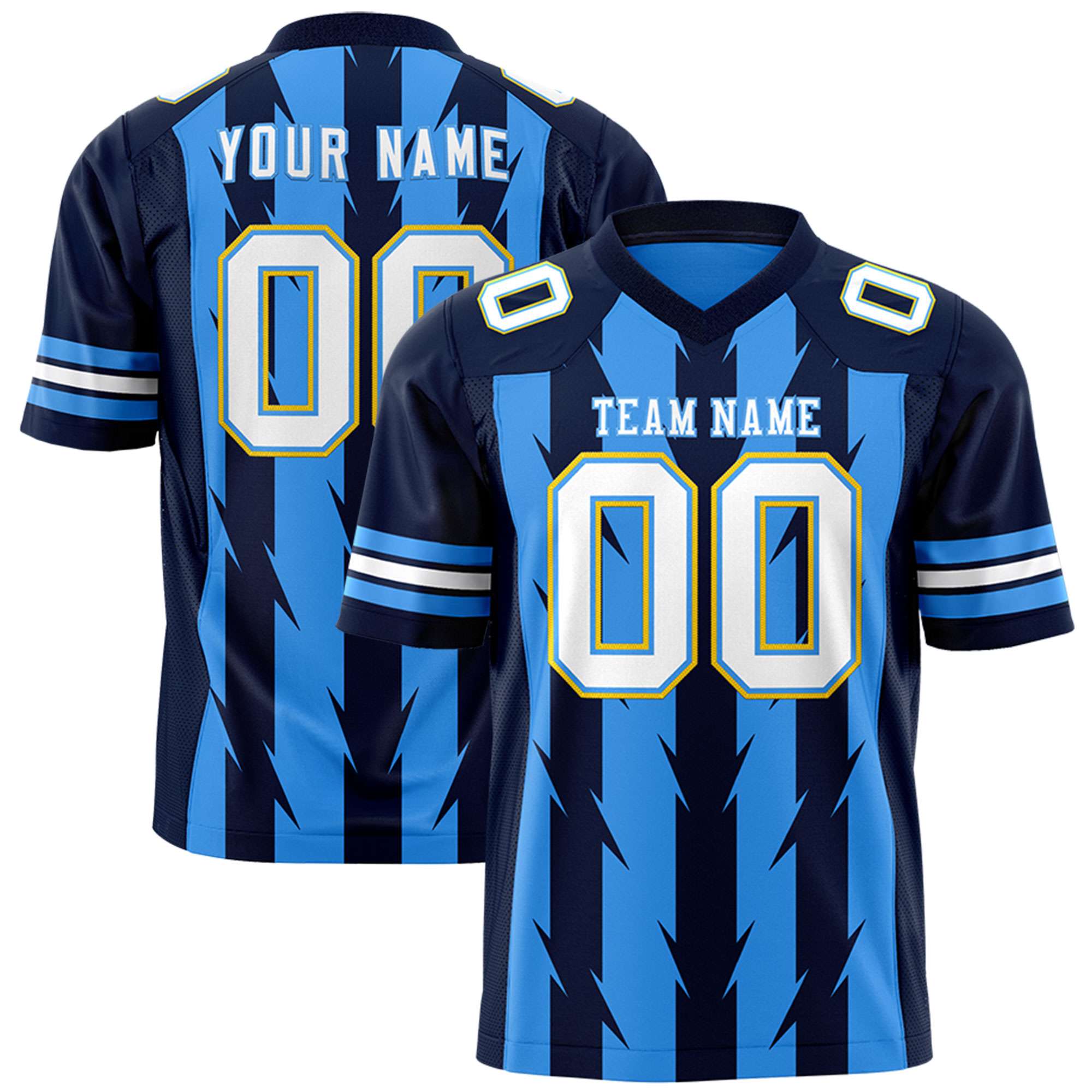Custom Powder Blue Navy Personalized Razr Stripe Graffiti Pattern Flag Football Jersey