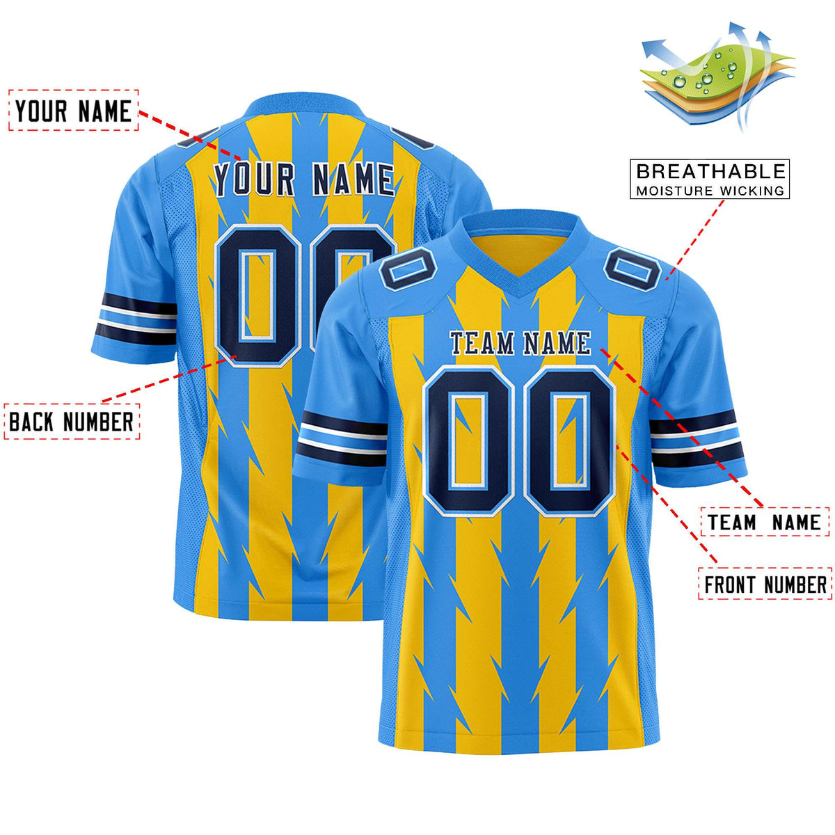 Custom Gold Powder Blue Personalized Razr Stripe Graffiti Pattern Flag Football Jersey
