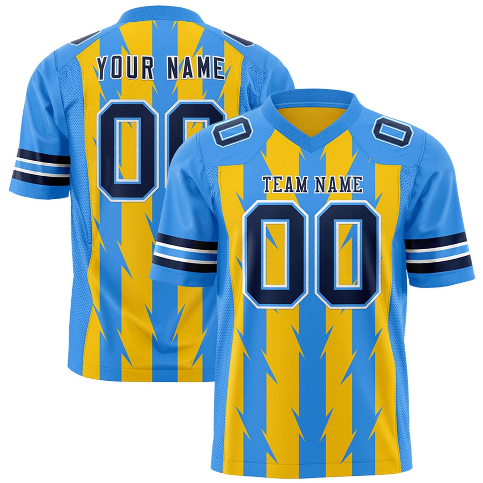Custom Gold Powder Blue Personalized Razr Stripe Graffiti Pattern Flag Football Jersey