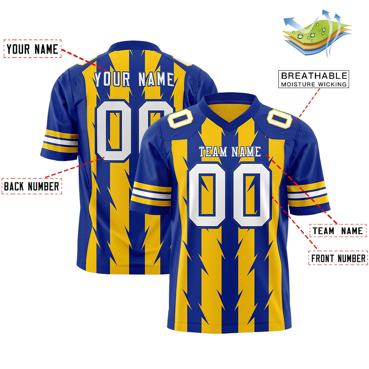 Custom Gold Royal Personalized Razr Stripe Graffiti Pattern Flag Football Jersey