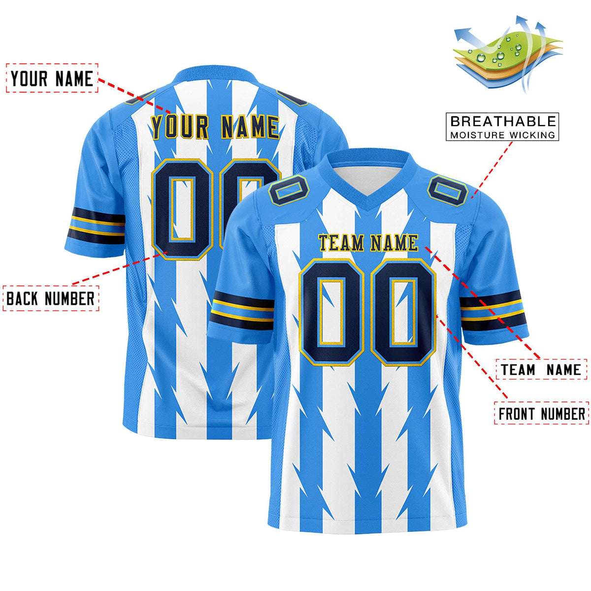 Custom White Powder Blue Personalized Razr Stripe Graffiti Pattern Flag Football Jersey