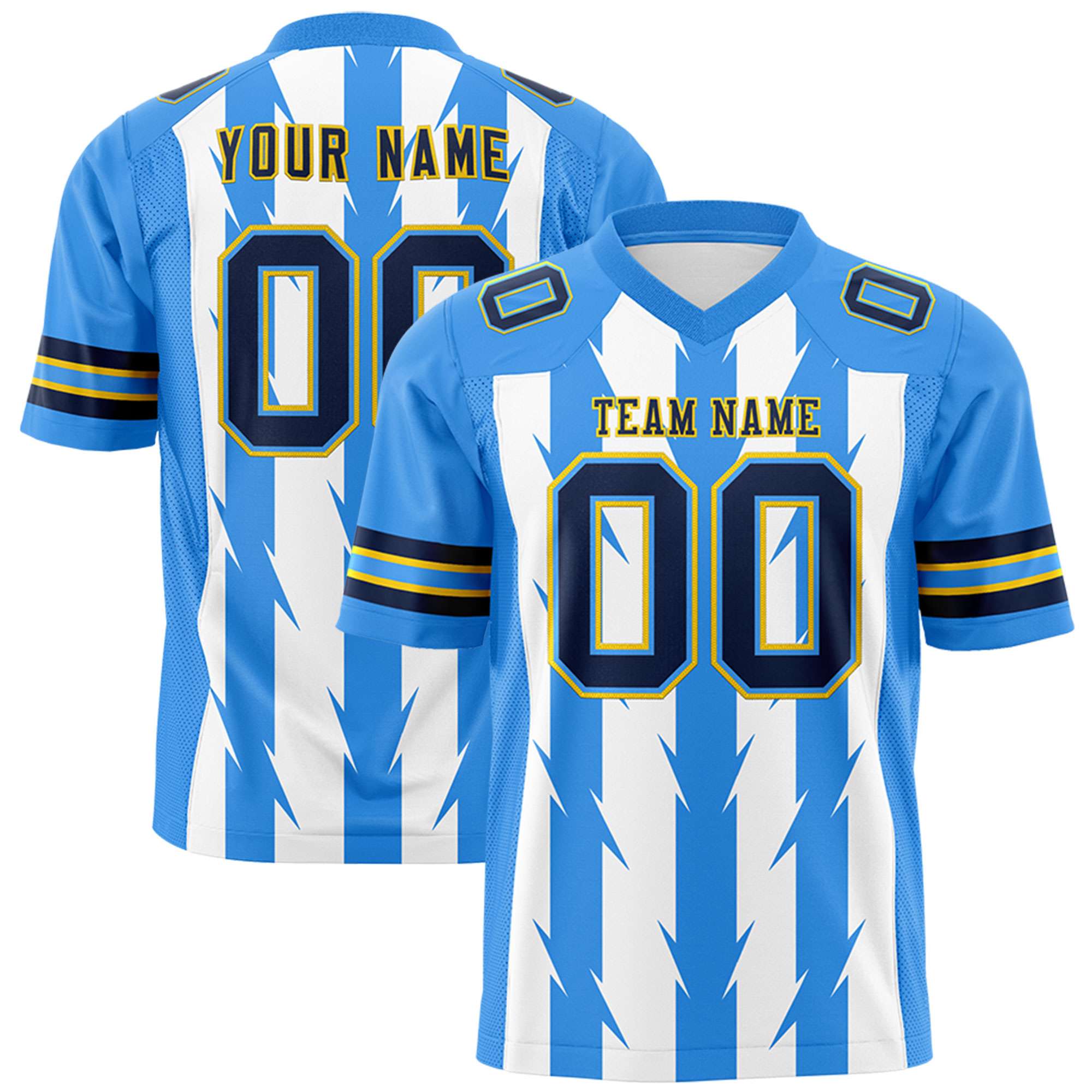Custom White Powder Blue Personalized Razr Stripe Graffiti Pattern Flag Football Jersey