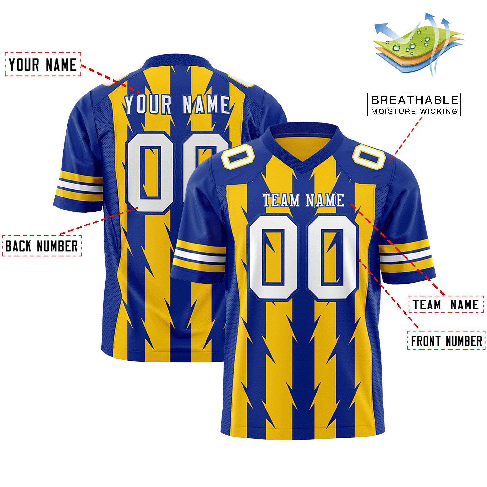 Custom Gold Royal Personalized Razr Stripe Graffiti Pattern Flag Football Jersey