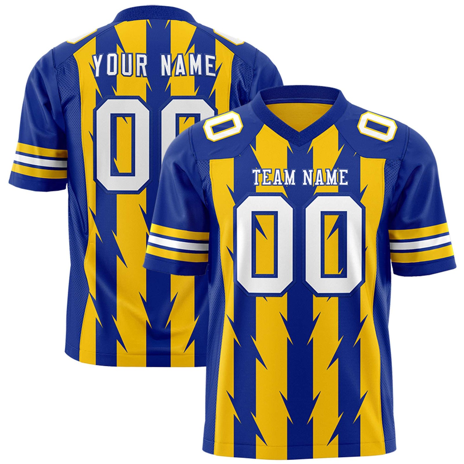 Custom Gold Royal Personalized Razr Stripe Graffiti Pattern Flag Football Jersey