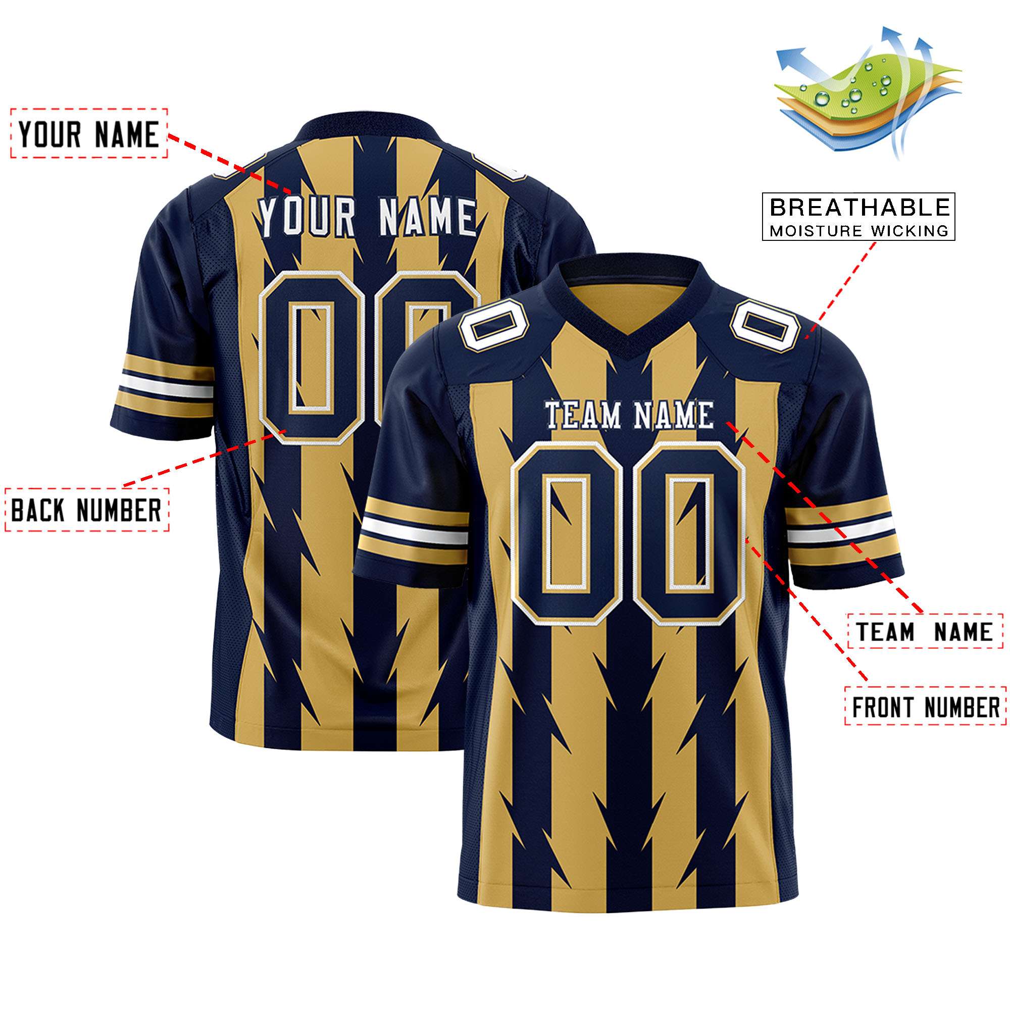 Custom Old Gold Navy Personalized Razr Stripe Graffiti Pattern Flag Football Jersey