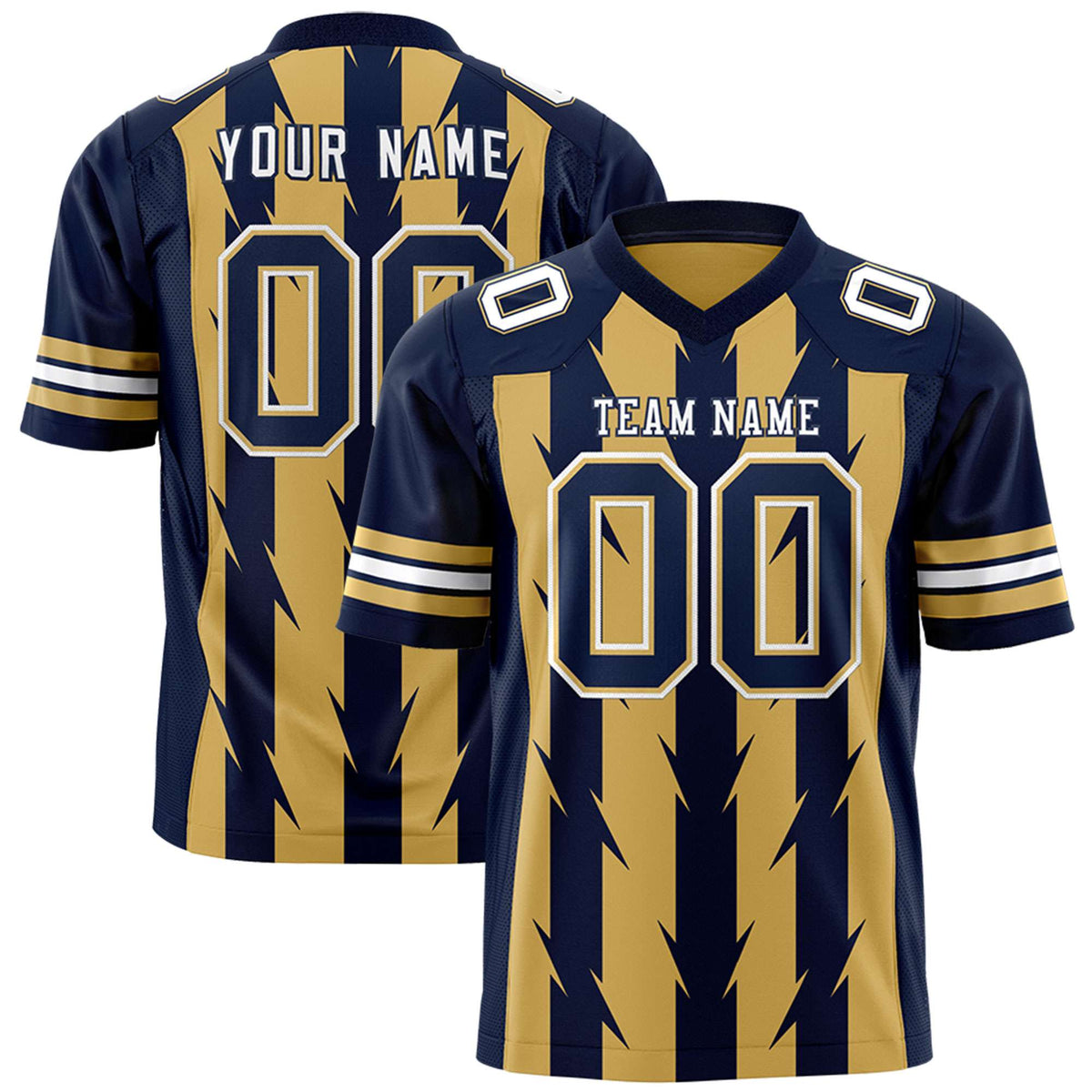 Custom Old Gold Navy Personalized Razr Stripe Graffiti Pattern Flag Football Jersey