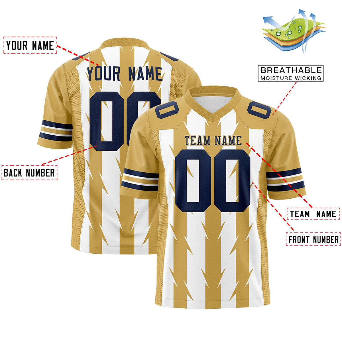 Custom White Old Gold Personalized Razr Stripe Graffiti Pattern Flag Football Jersey