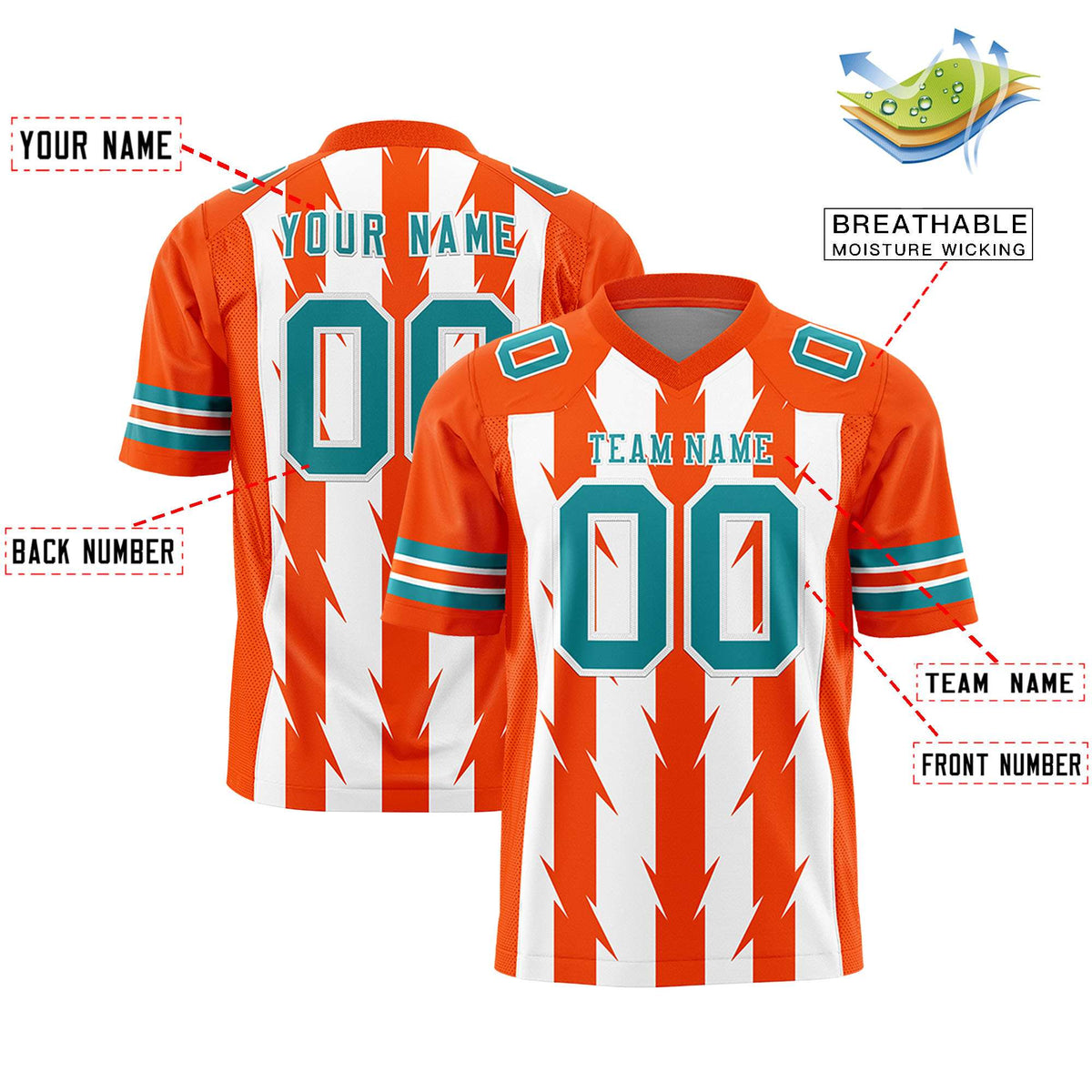 Custom White Orange Personalized Razr Stripe Graffiti Pattern Flag Football Jersey