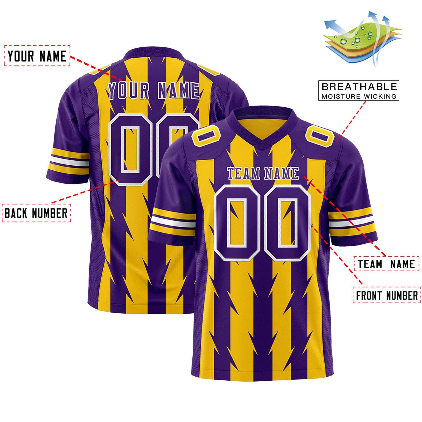 Custom Gold Purple Personalized Razr Stripe Graffiti Pattern Flag Football Jersey