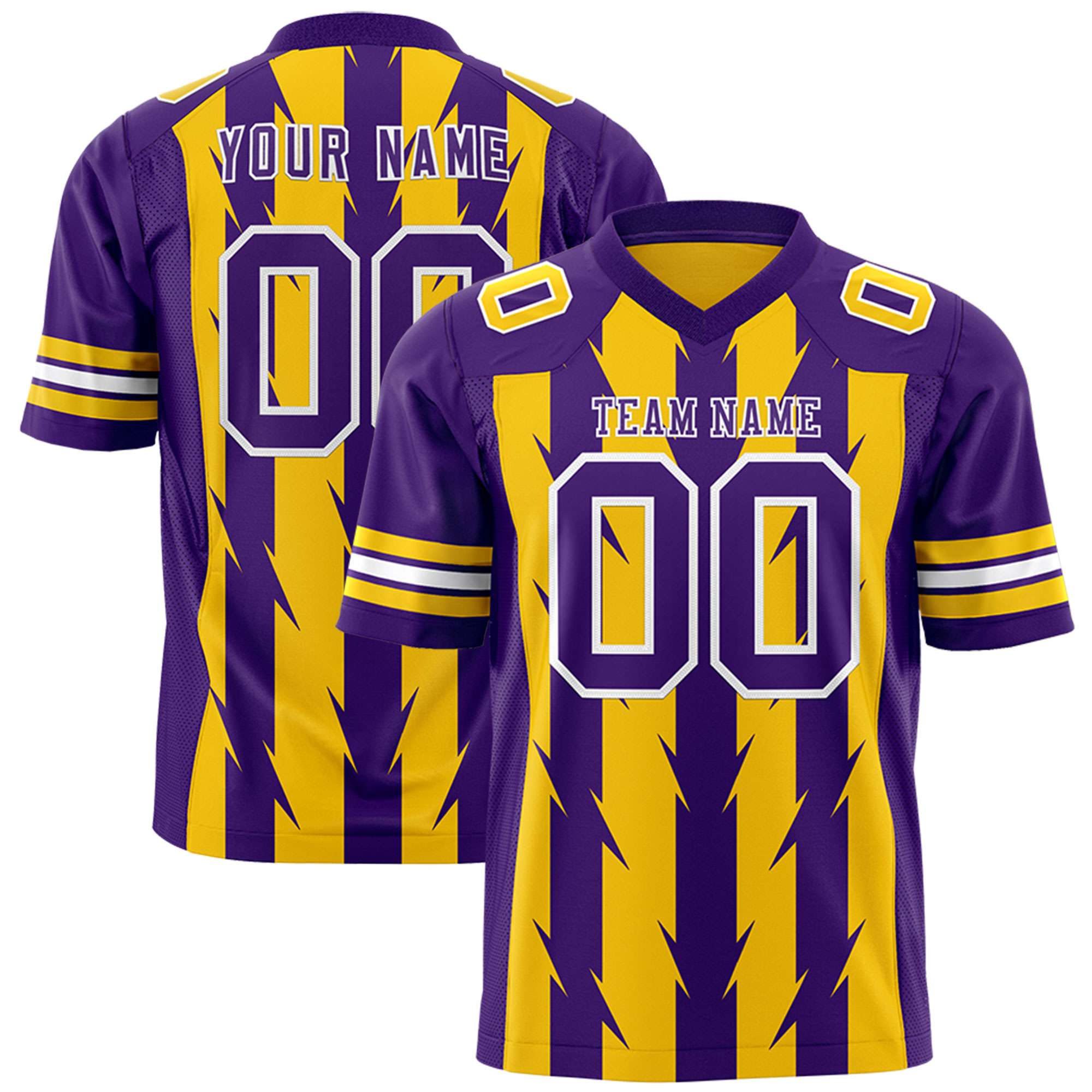 Custom Gold Purple Personalized Razr Stripe Graffiti Pattern Flag Football Jersey