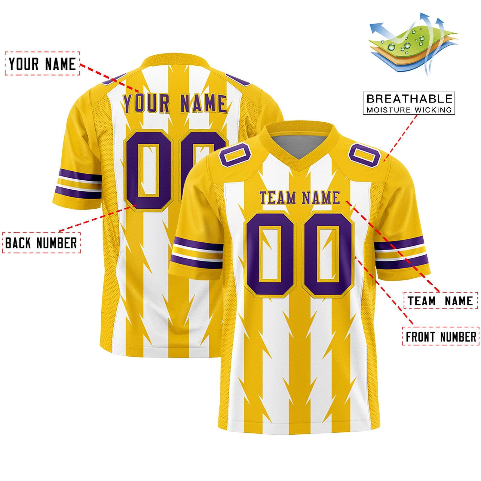 Custom White Gold Personalized Razr Stripe Graffiti Pattern Flag Football Jersey