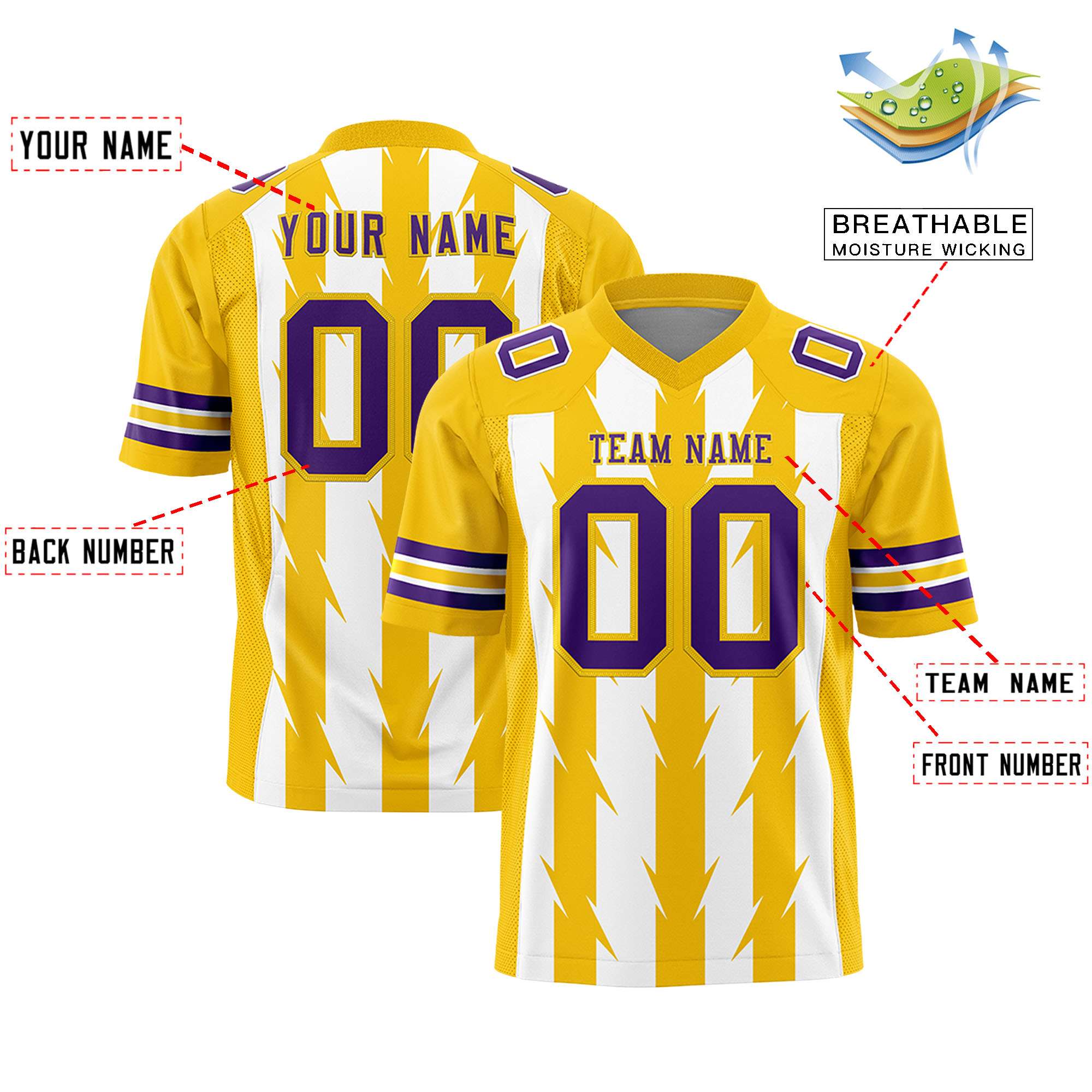Custom White Gold Personalized Razr Stripe Graffiti Pattern Flag Football Jersey