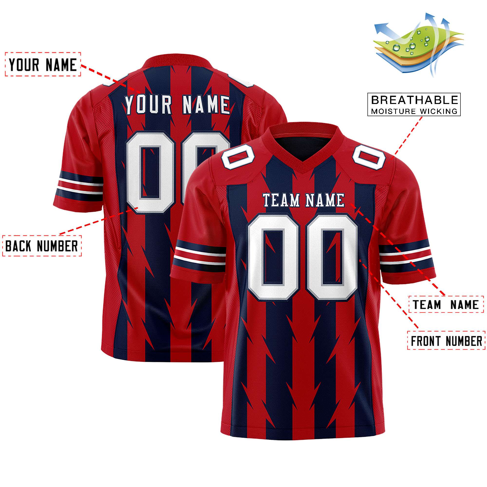 Custom Navy Red Personalized Razr Stripe Graffiti Pattern Flag Football Jersey