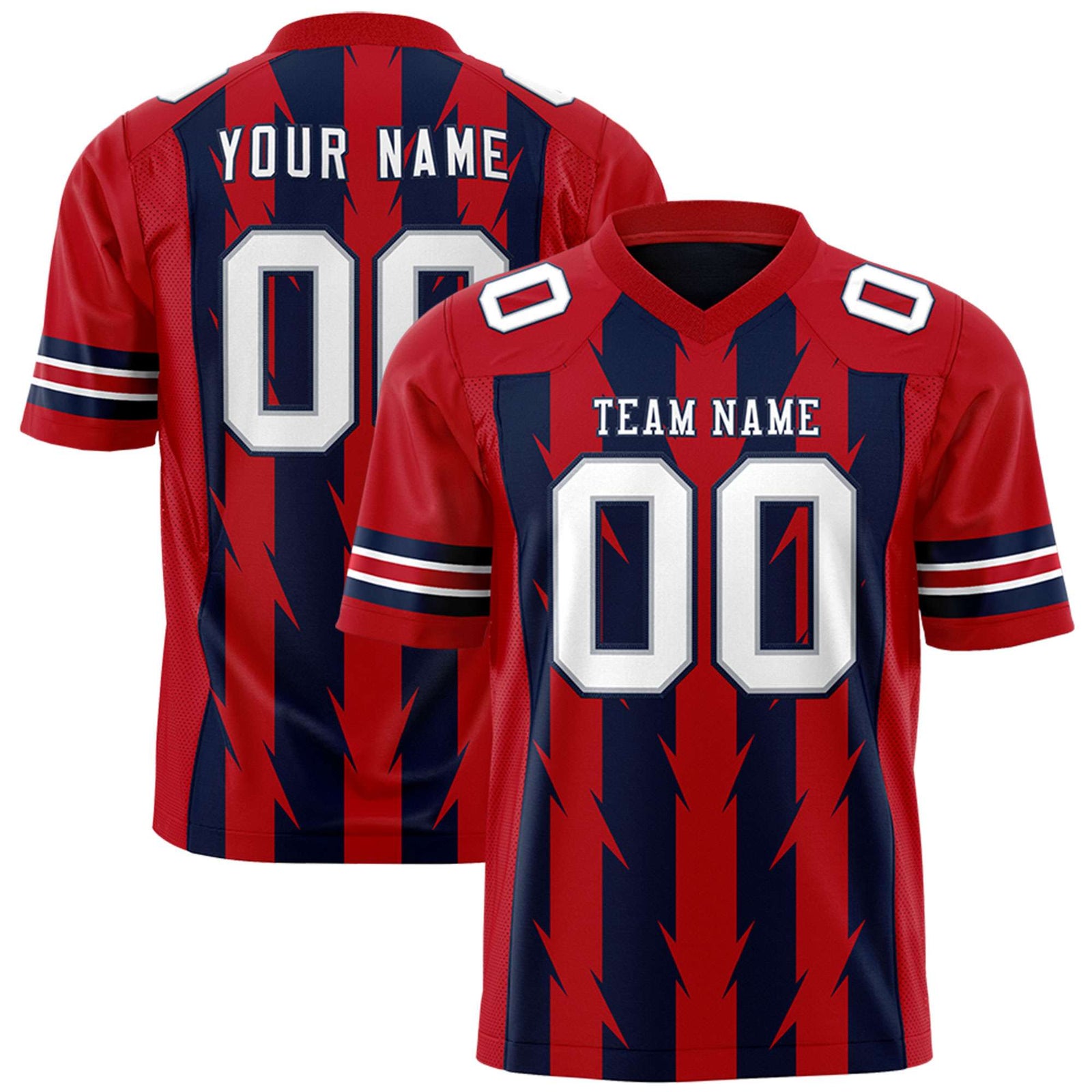 Custom Navy Red Personalized Razr Stripe Graffiti Pattern Flag Football Jersey