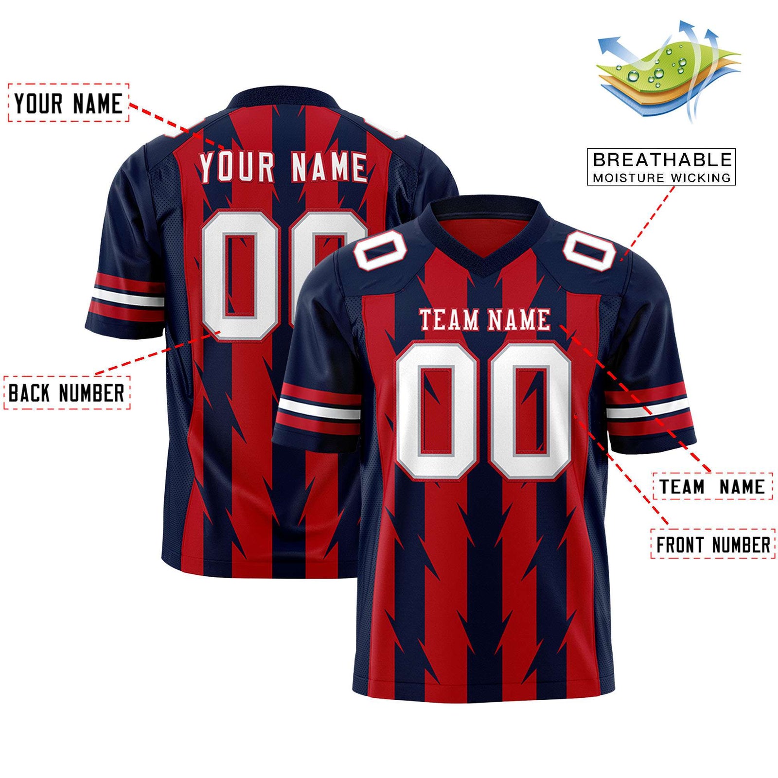 Custom Red Navy Personalized Razr Stripe Graffiti Pattern Flag Football Jersey
