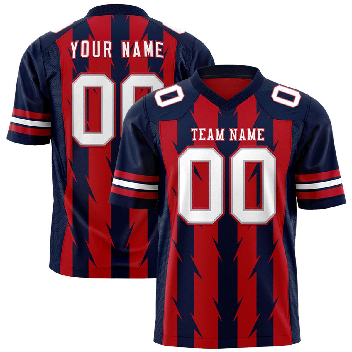 Custom Red Navy Personalized Razr Stripe Graffiti Pattern Flag Football Jersey