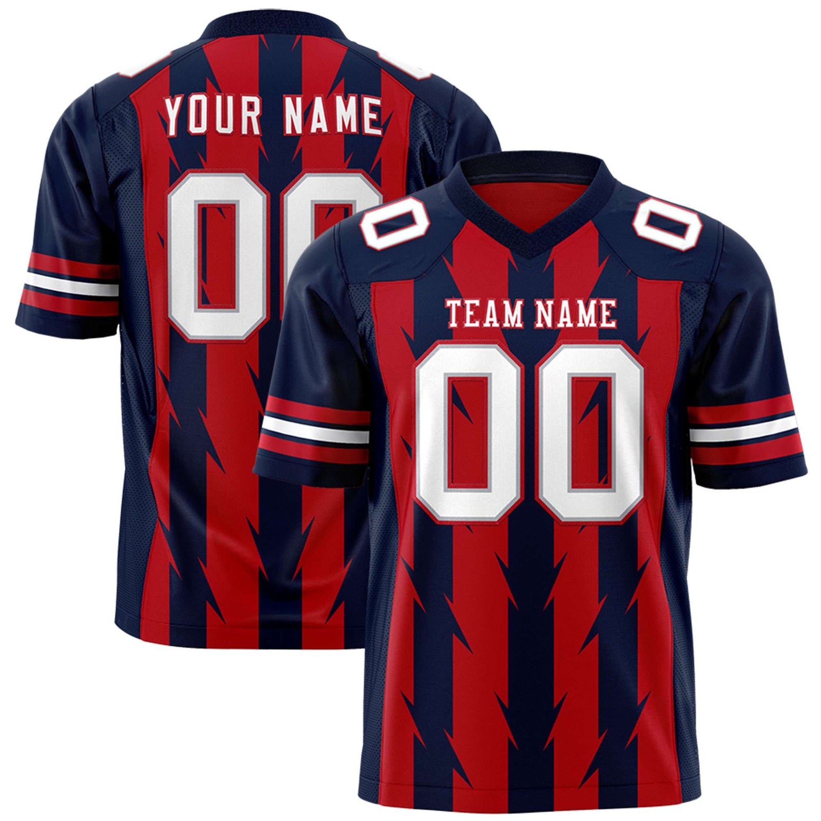 Custom Red Navy Personalized Razr Stripe Graffiti Pattern Flag Football Jersey