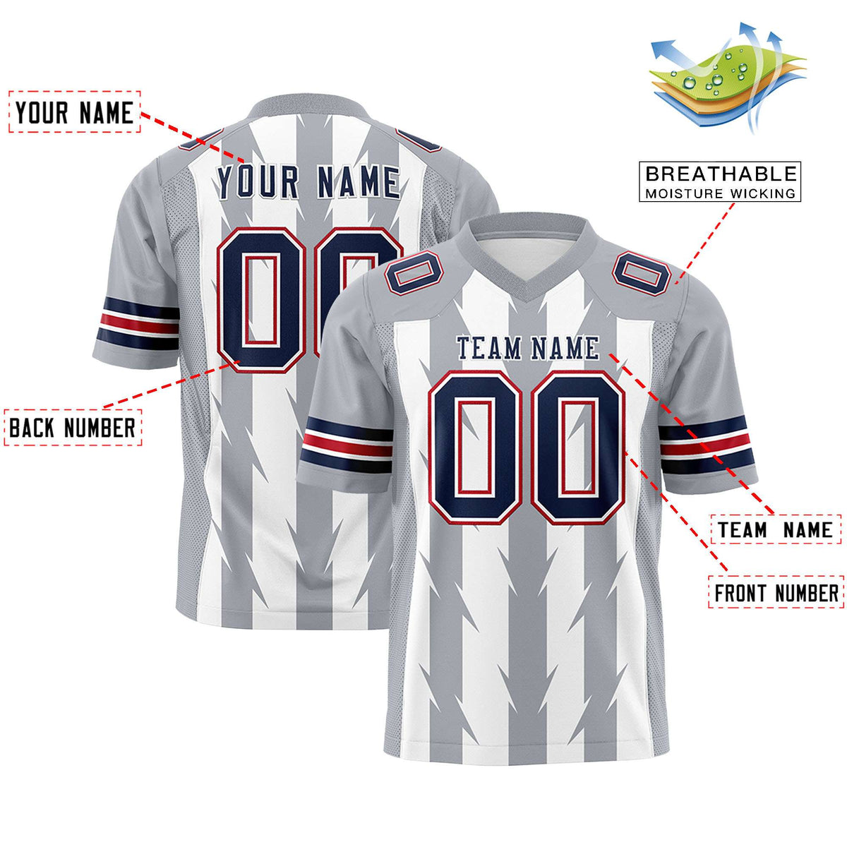 Custom White Gray Personalized Razr Stripe Graffiti Pattern Flag Football Jersey
