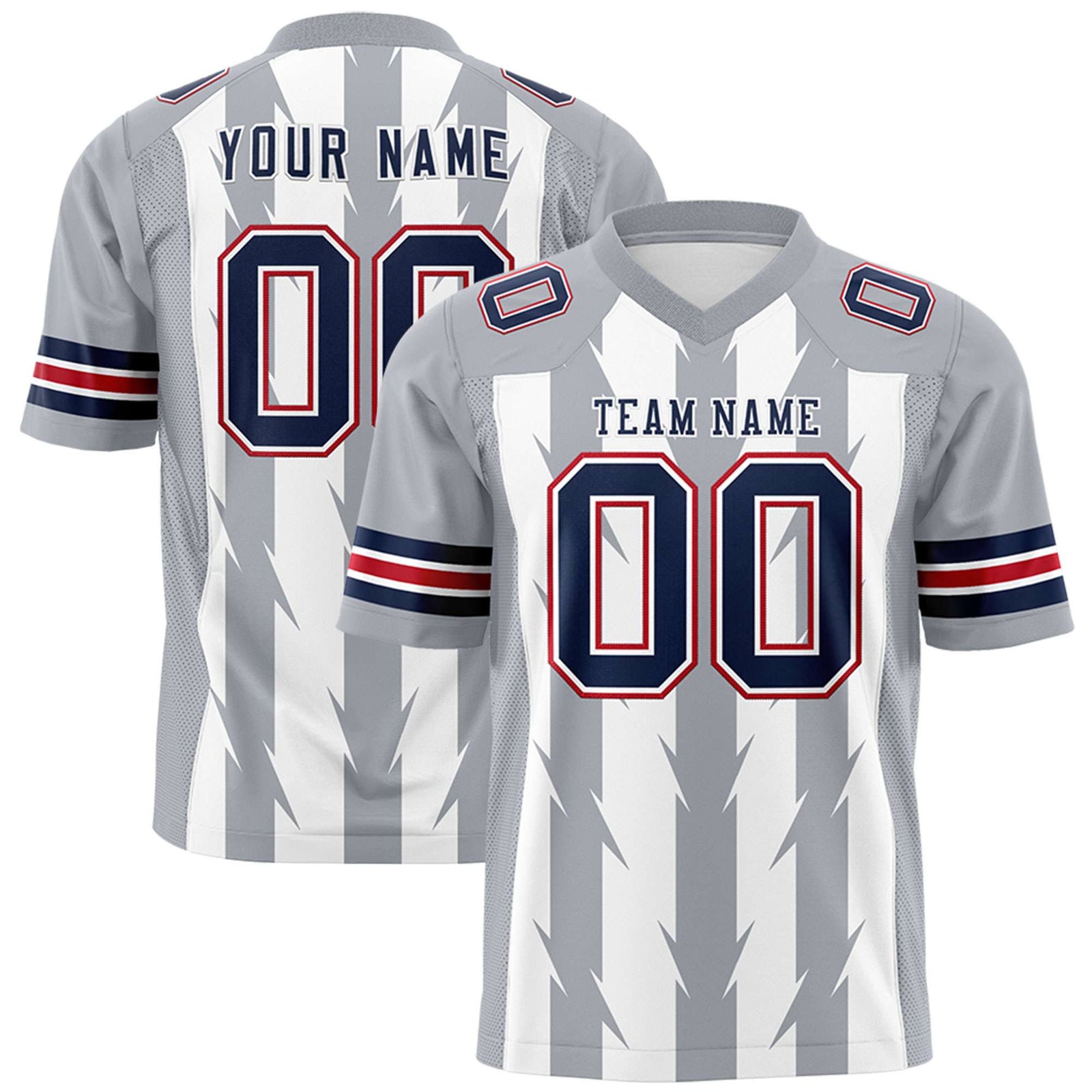 Custom White Gray Personalized Razr Stripe Graffiti Pattern Flag Football Jersey