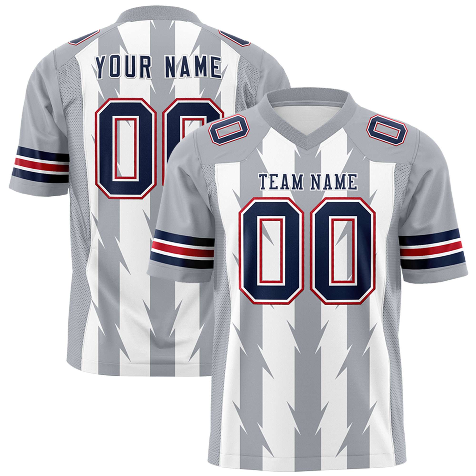 Custom White Gray Personalized Razr Stripe Graffiti Pattern Flag Football Jersey