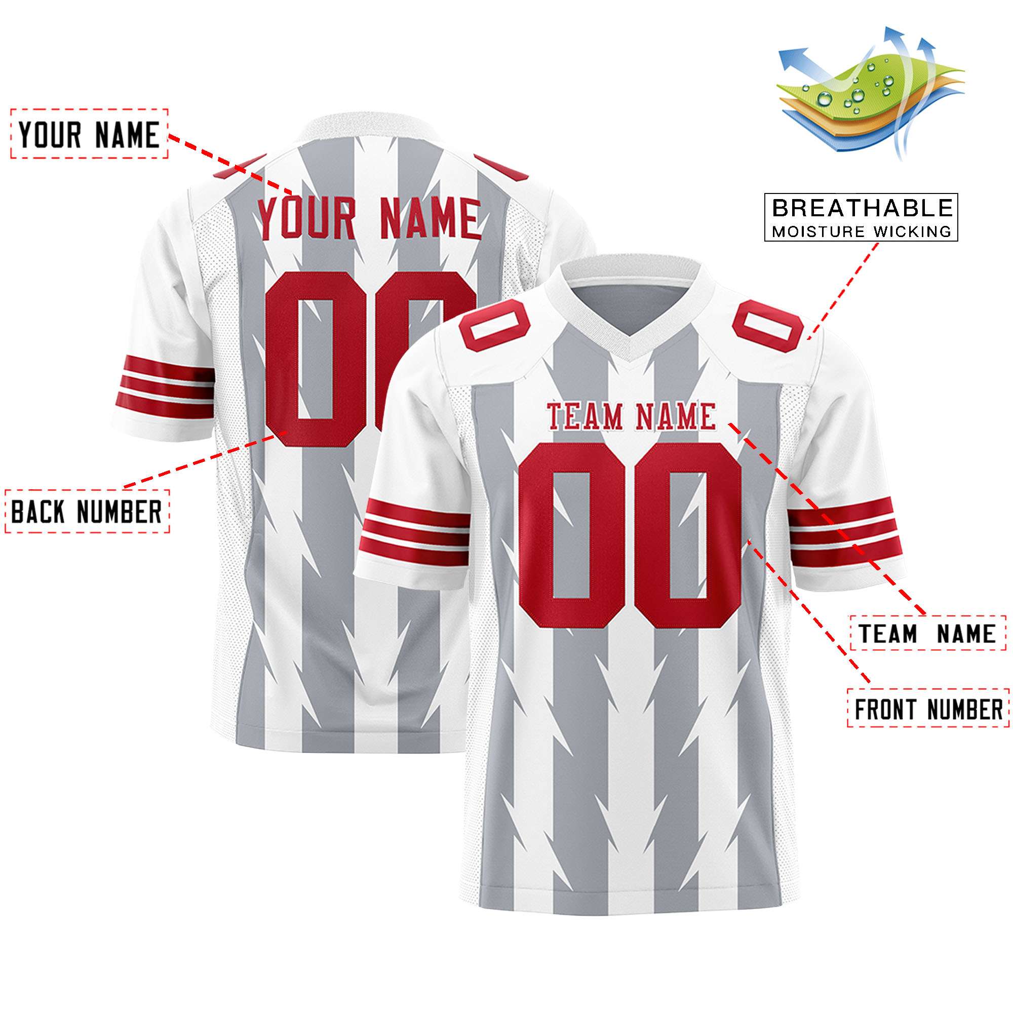 Custom Gray White Personalized Razr Stripe Graffiti Pattern Flag Football Jersey