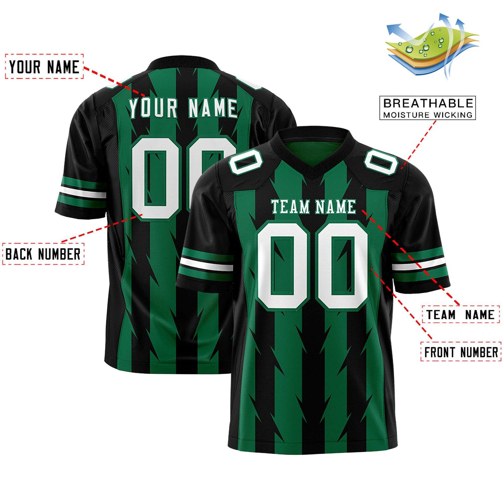 Custom Kelly Green Black Personalized Razr Stripe Graffiti Pattern Flag Football Jersey