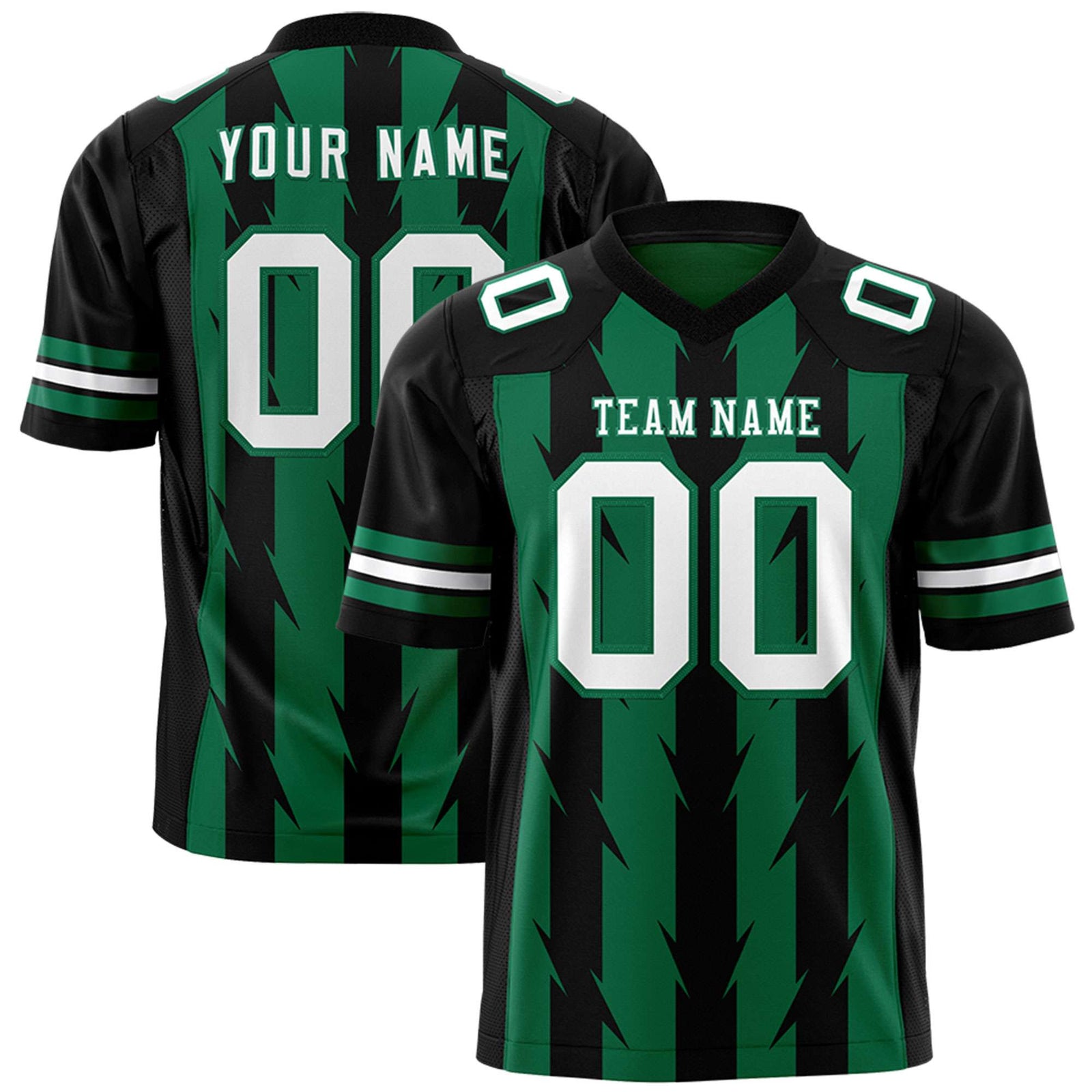 Custom Kelly Green Black Personalized Razr Stripe Graffiti Pattern Flag Football Jersey