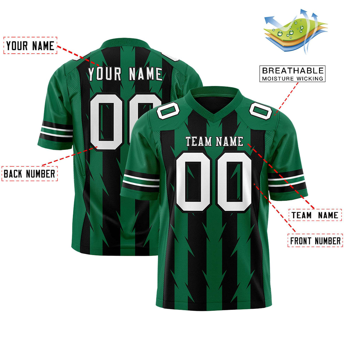 Custom Black Kelly Green Personalized Razr Stripe Graffiti Pattern Flag Football Jersey