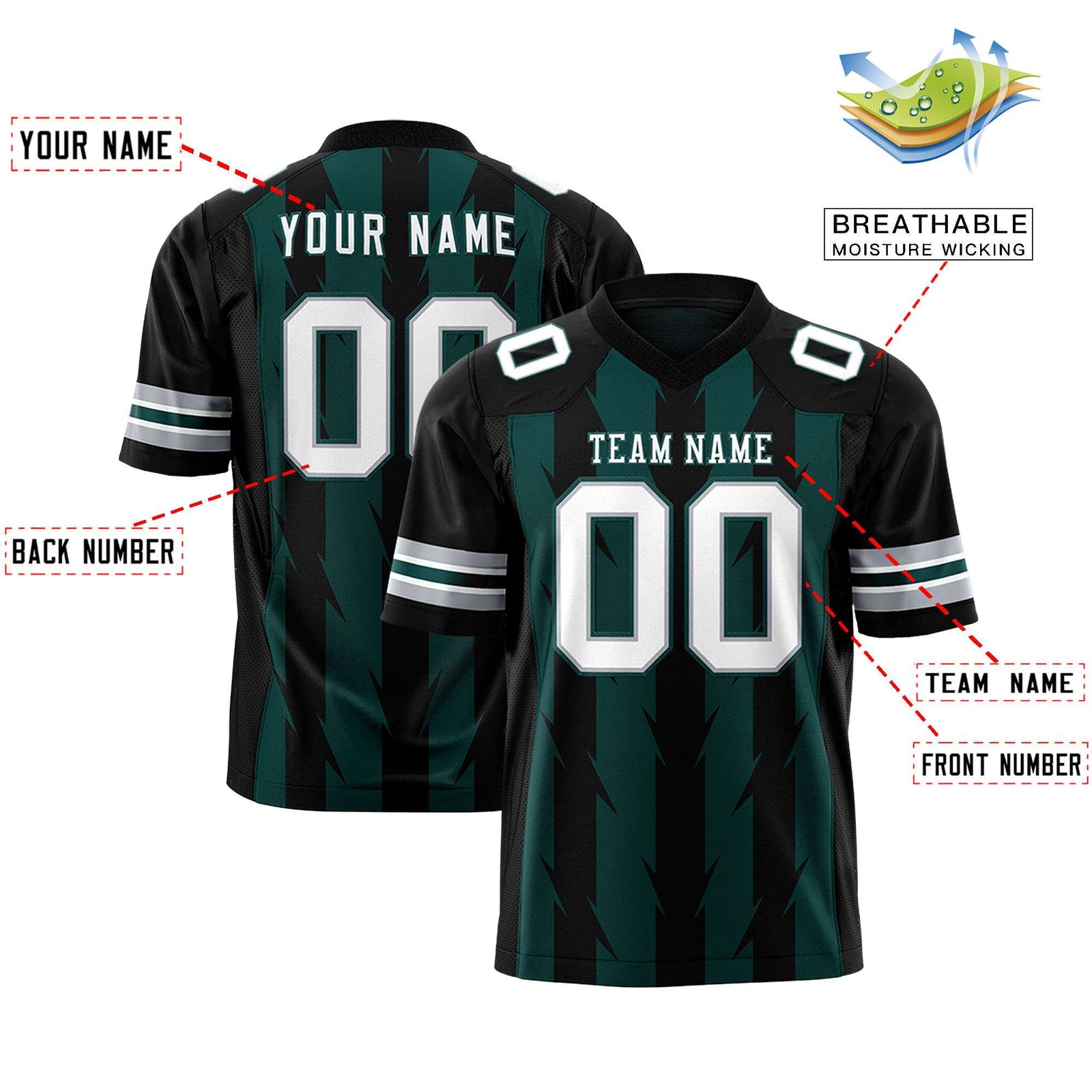 Custom Midnight Green Black Personalized Razr Stripe Graffiti Pattern Flag Football Jersey