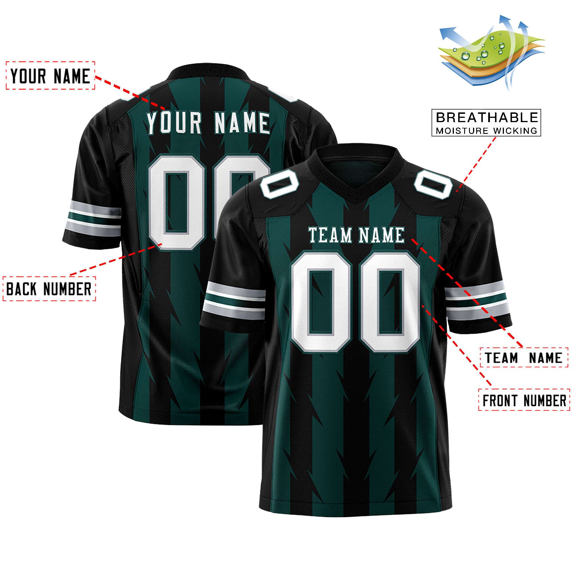 Custom Midnight Green Black Personalized Razr Stripe Graffiti Pattern Flag Football Jersey