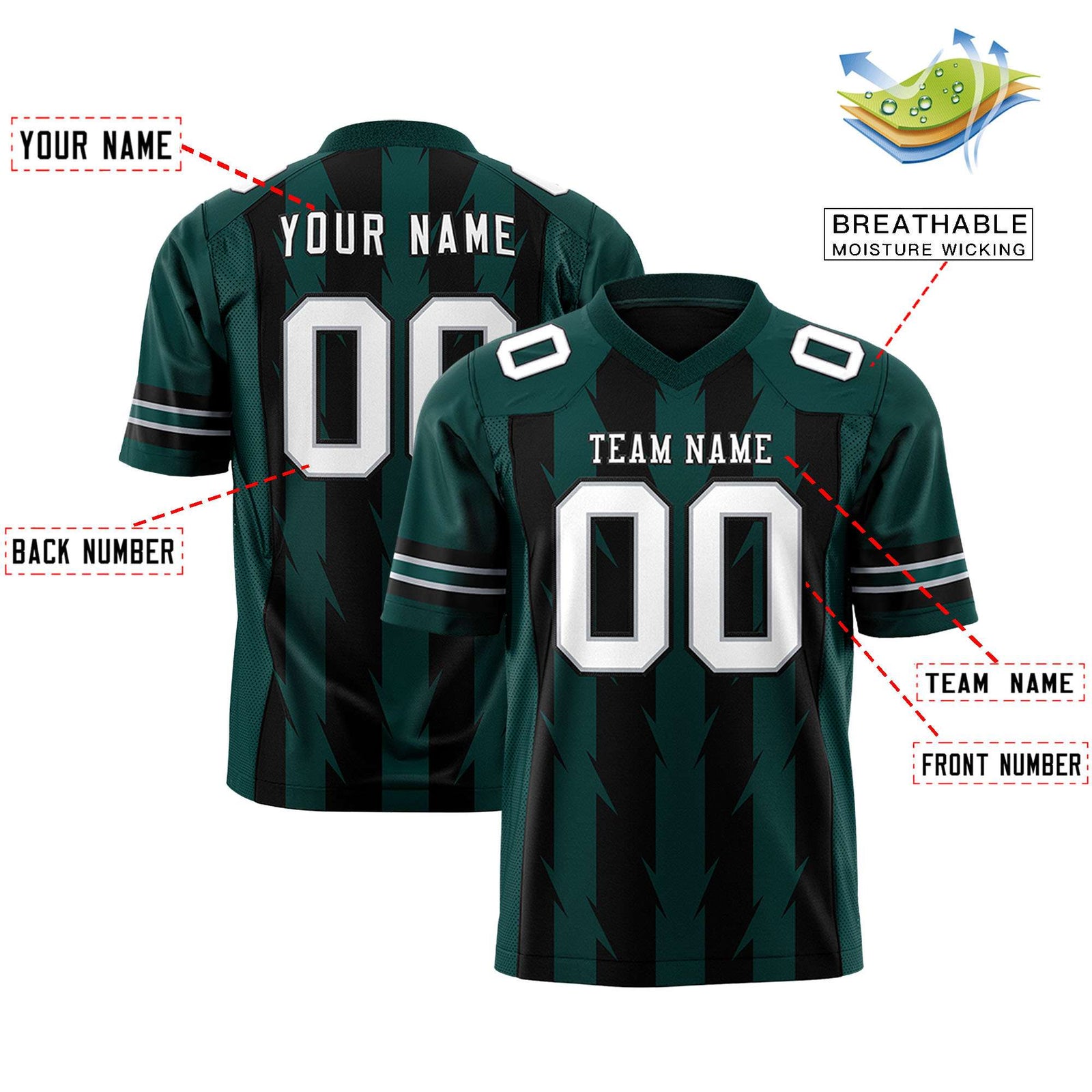 Custom Black Midnight Green Personalized Razr Stripe Graffiti Pattern Flag Football Jersey