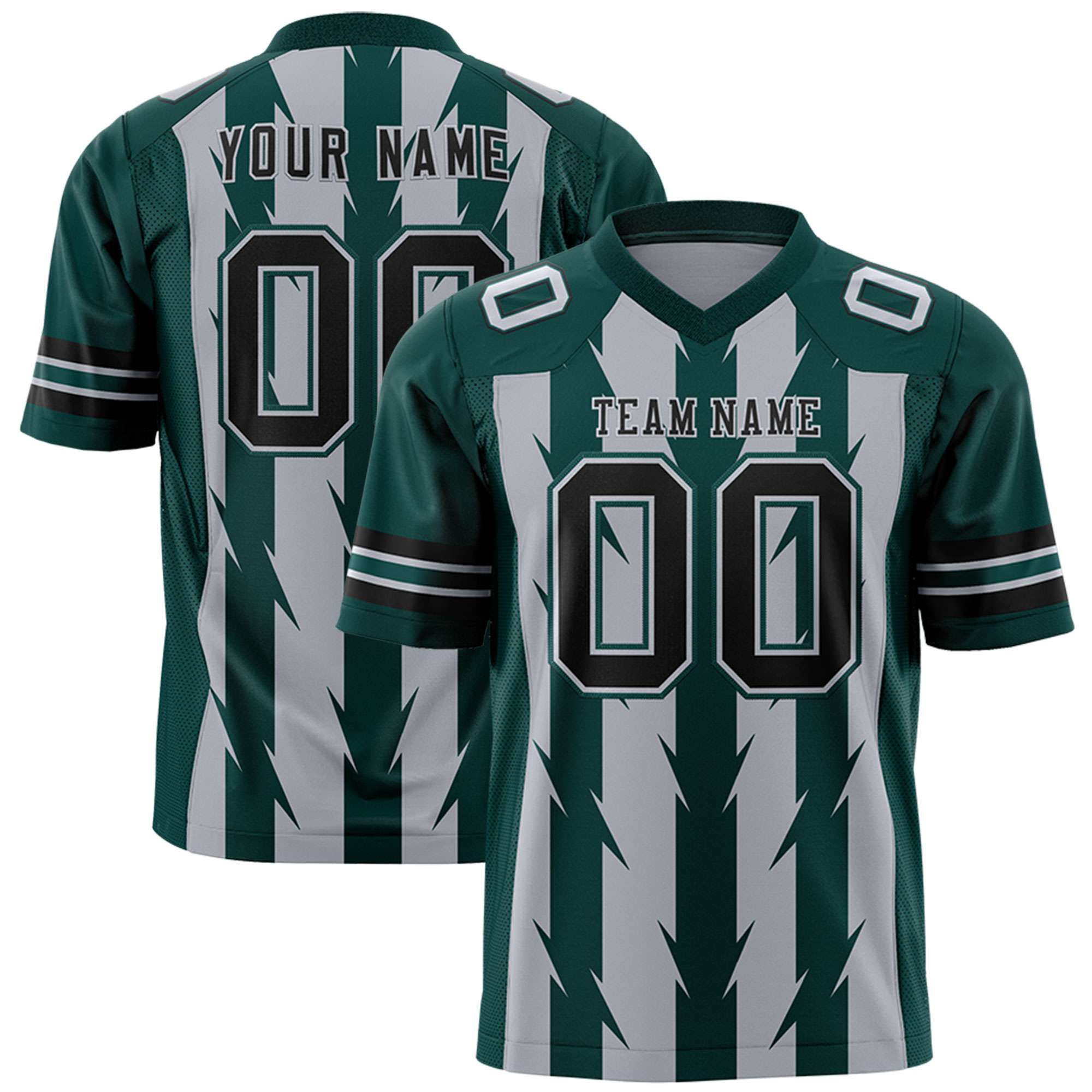 Custom Gray Midnight Green Personalized Razr Stripe Graffiti Pattern Flag Football Jersey